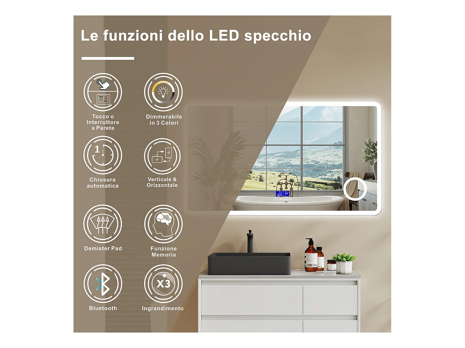 Aica Specchio da bagno bluetooth 140x80cm con antiappannamento + dimmerabile + 3 colori + ingrandimento 3X