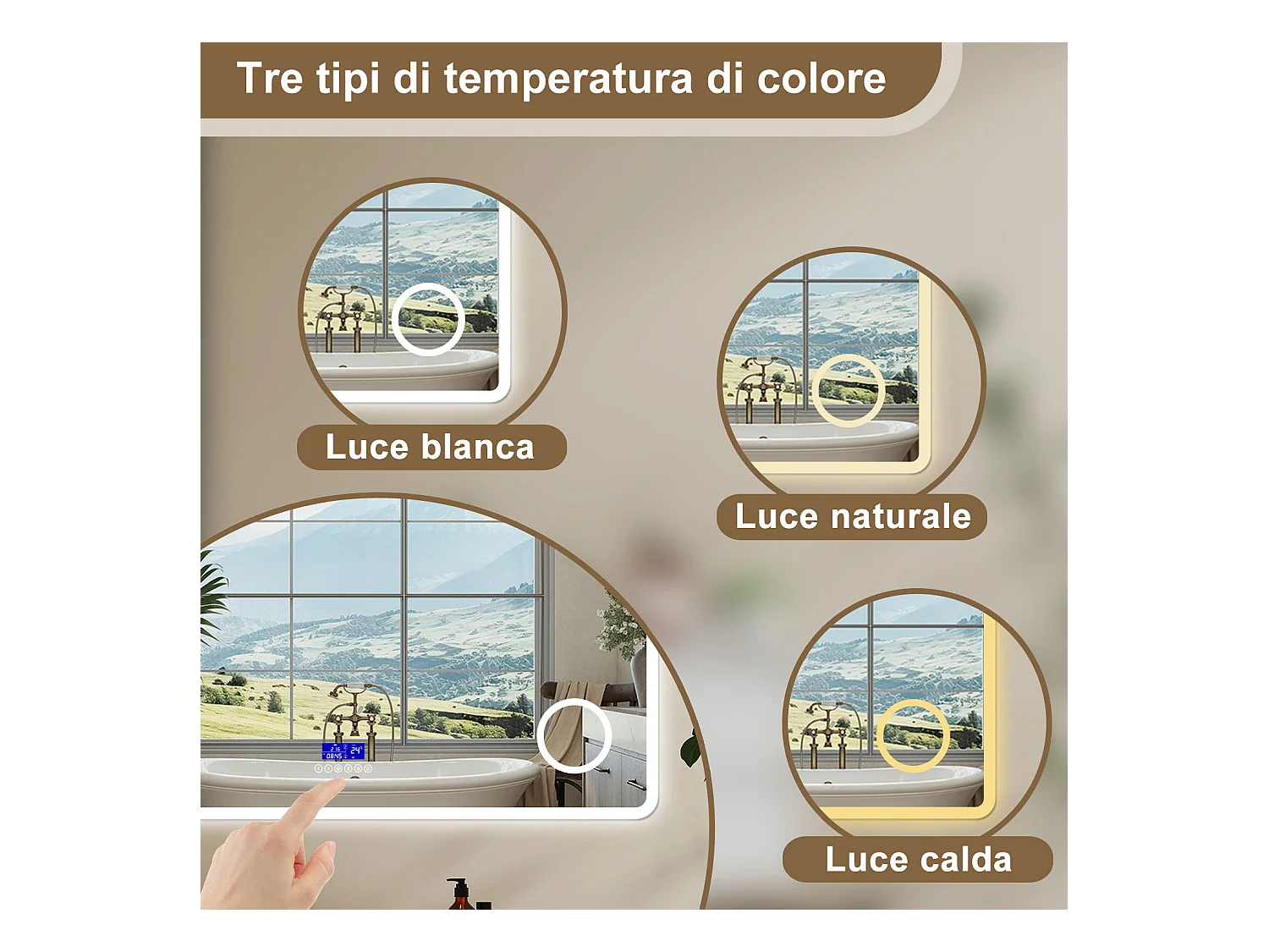 Aica Specchio da bagno bluetooth 140x80cm con antiappannamento + dimmerabile + 3 colori + ingrandimento 3X