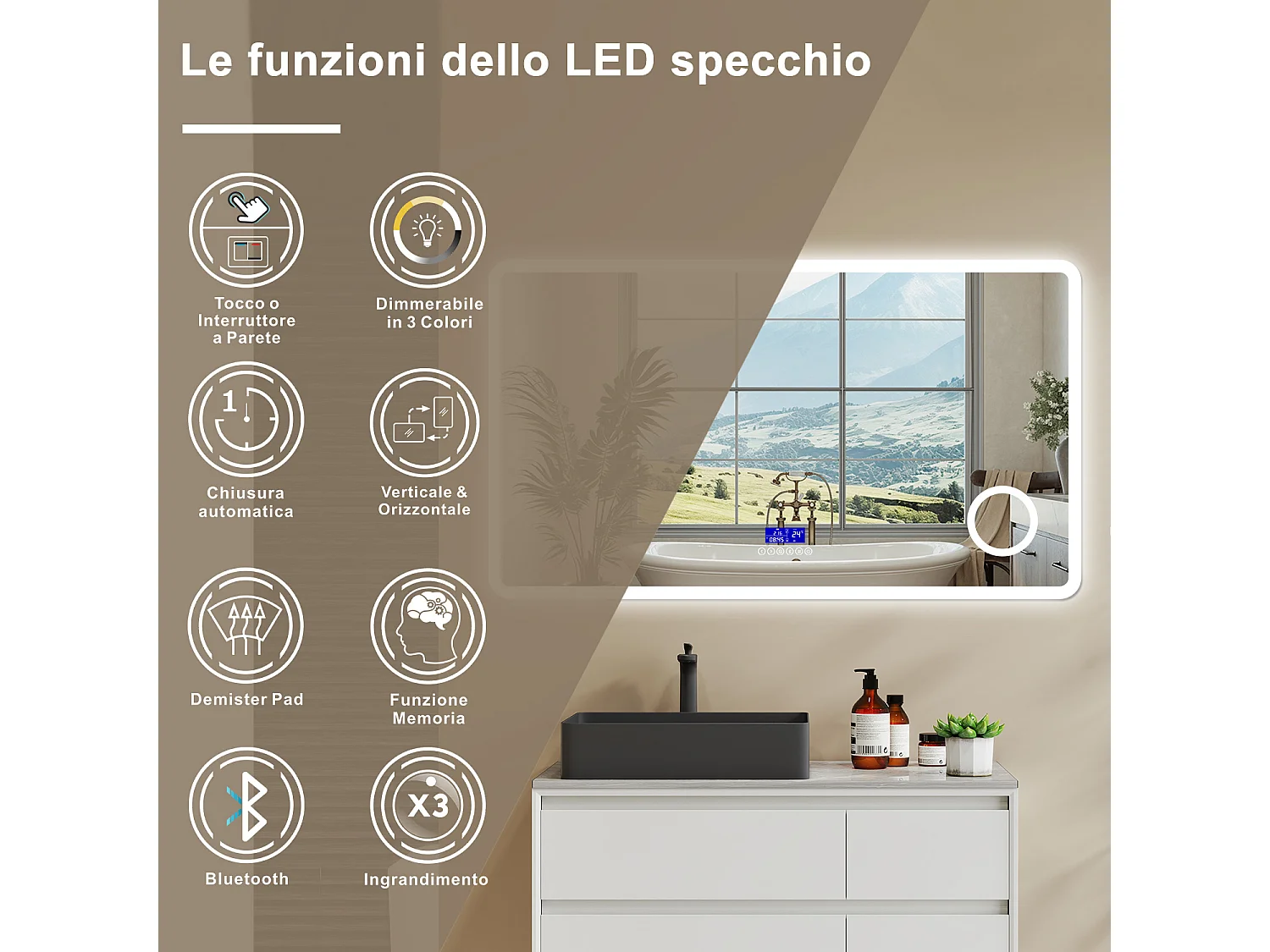 Aica Specchio da bagno bluetooth 140x80cm con antiappannamento + dimmerabile + 3 colori + ingrandimento 3X