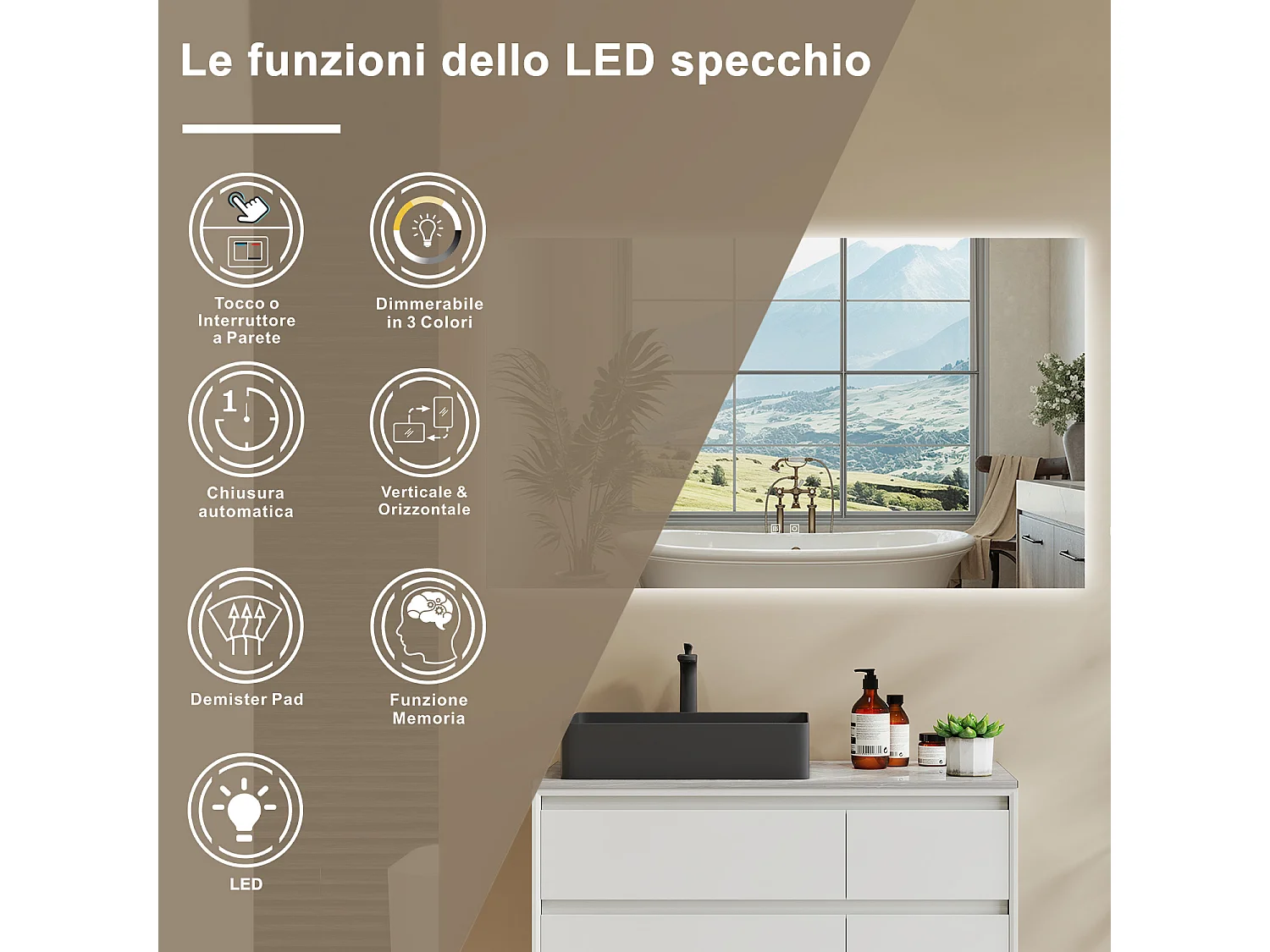 AICA SPECCHIO DA BAGNO CON LED, 100x60cm, Antiappannamento, 3 Temperature Colore, Retroilluminato