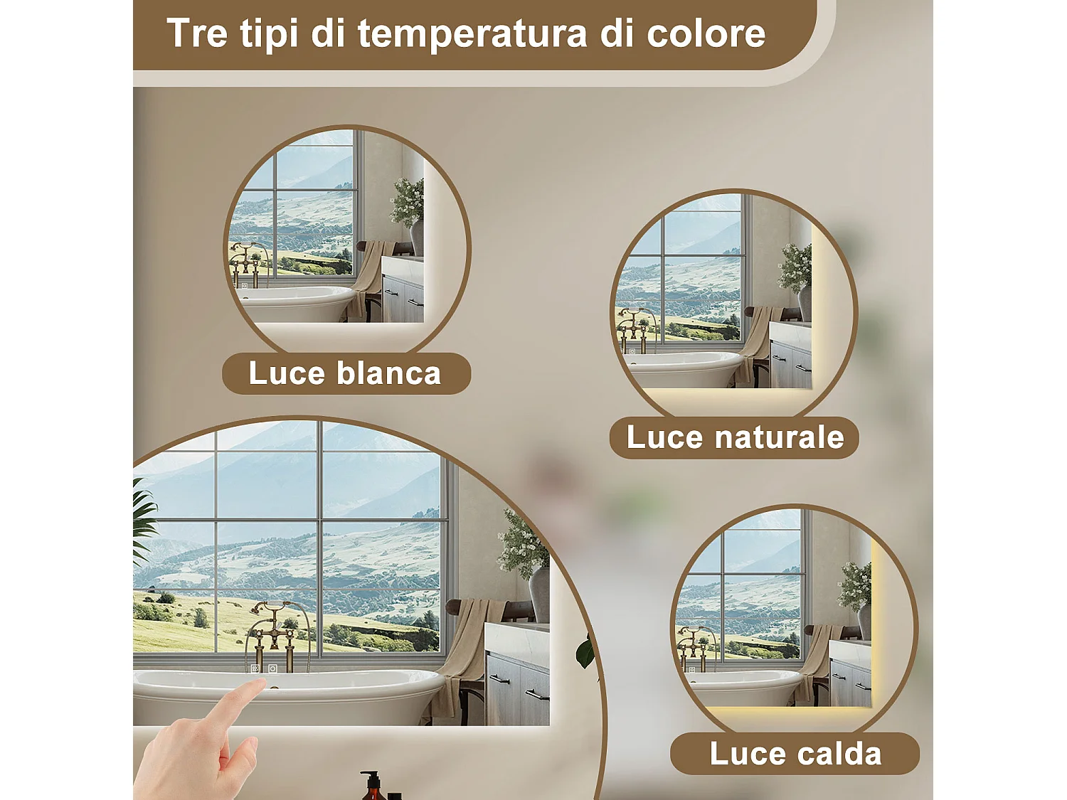 AICA SPECCHIO DA BAGNO CON LED, 100x60cm, Antiappannamento, 3 Temperature Colore, Retroilluminato