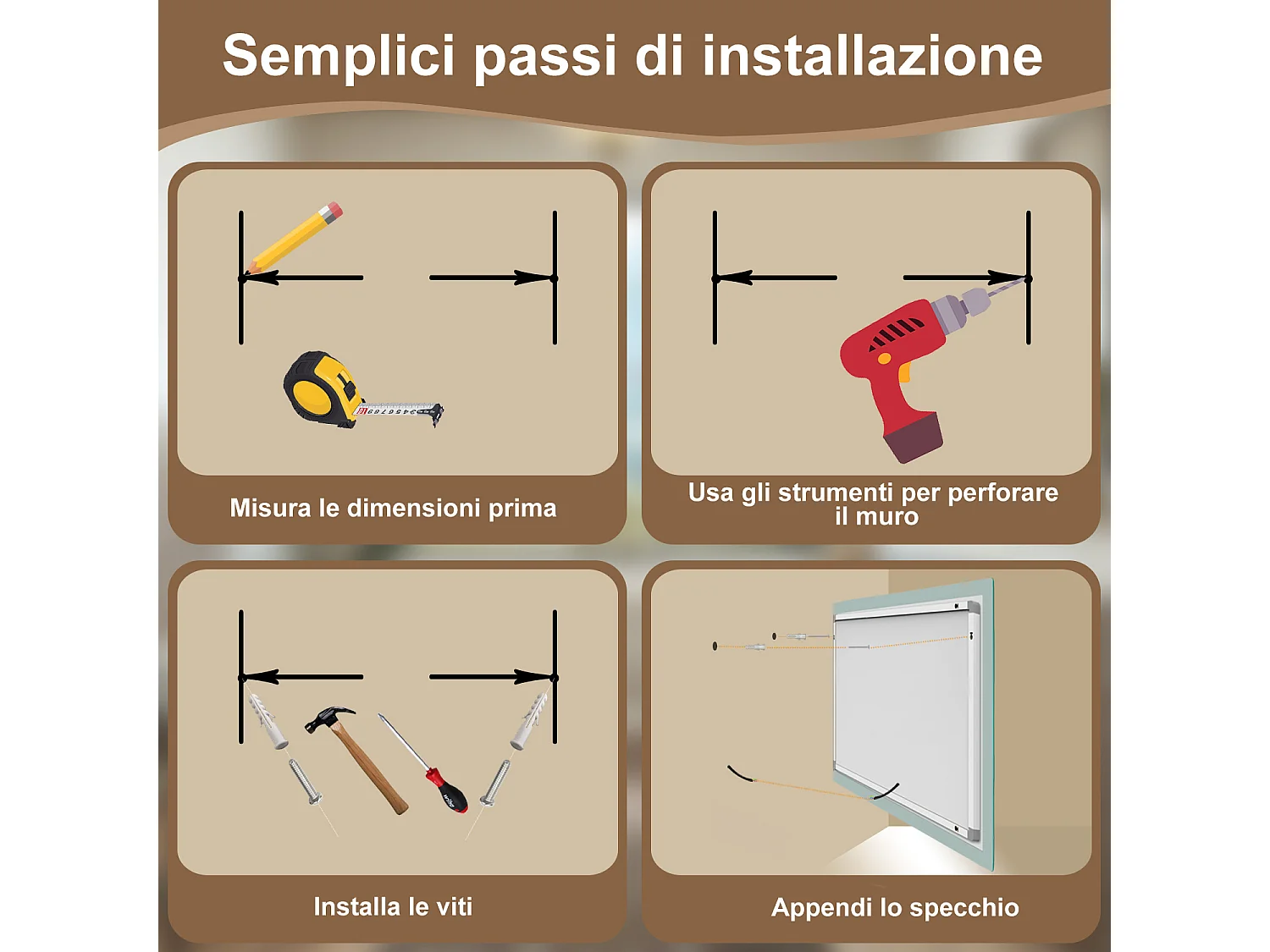 AICA SPECCHIO DA BAGNO CON LED, 100x60cm, Antiappannamento, 3 Temperature Colore, Retroilluminato