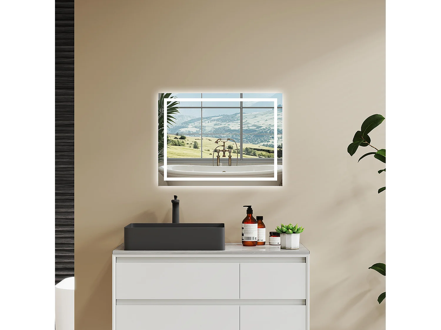 80×60 cm Specchio da Bagno Rettangolare a LED Specchio da Toeletta Specchio da Parete, Luce Bianca 6000K, Anti-fog, Touch