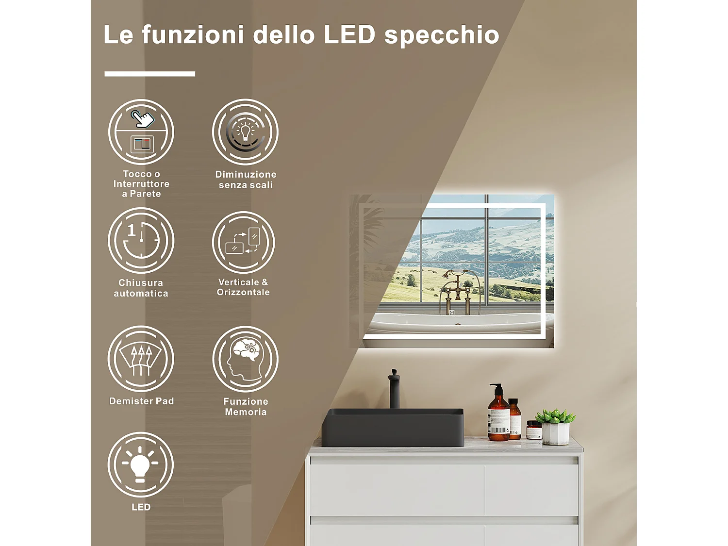 80×60 cm Specchio da Bagno Rettangolare a LED Specchio da Toeletta Specchio da Parete, Luce Bianca 6000K, Anti-fog, Touch