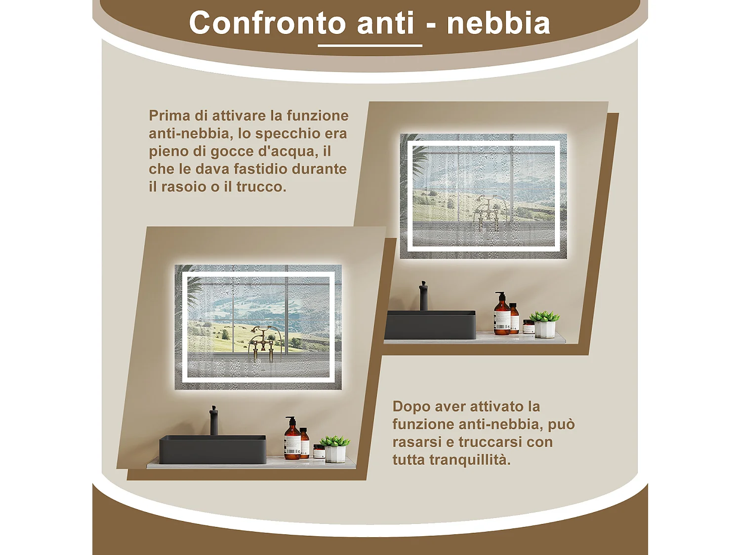 80×60 cm Specchio da Bagno Rettangolare a LED Specchio da Toeletta Specchio da Parete, Luce Bianca 6000K, Anti-fog, Touch