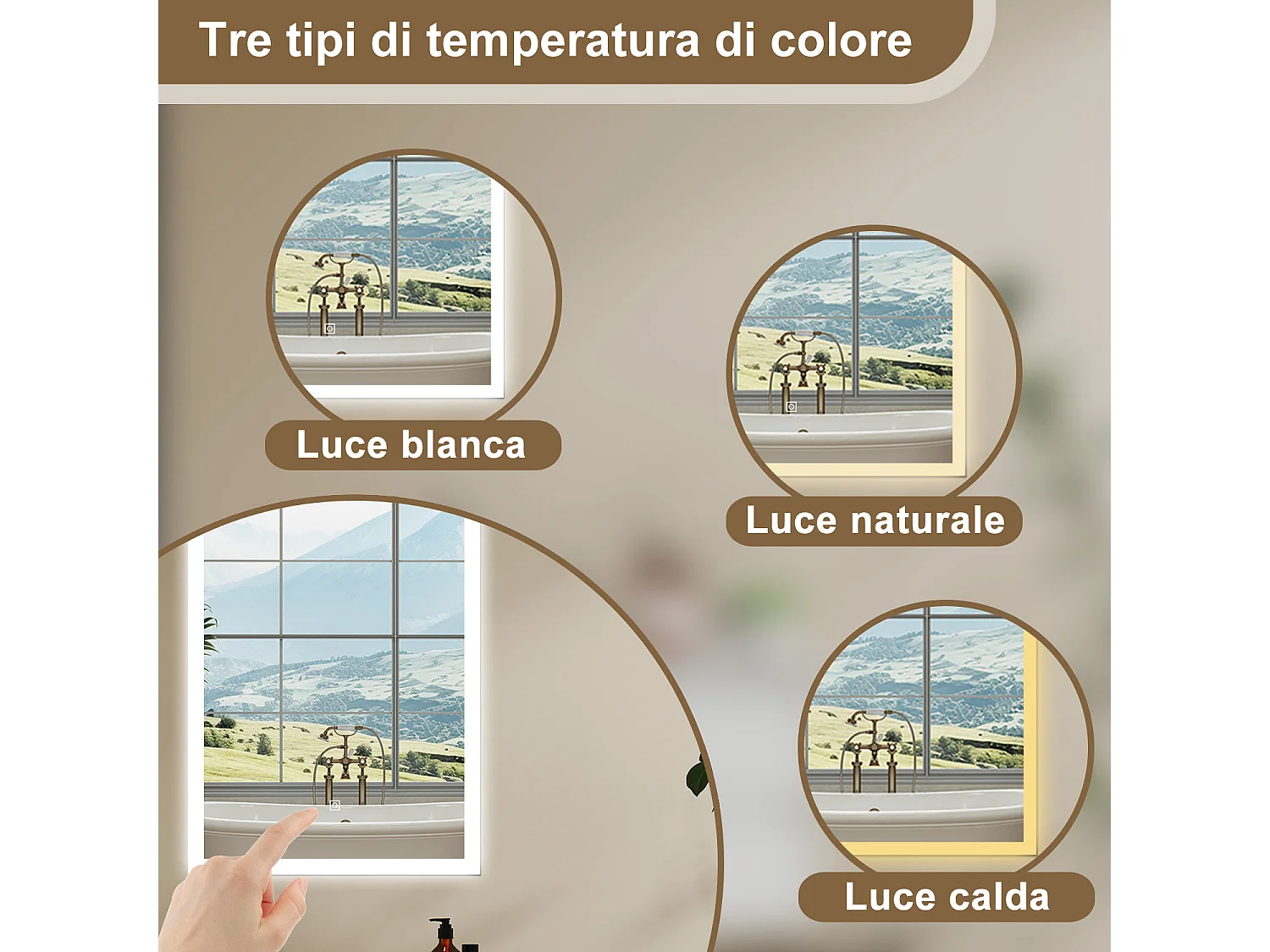 Aica LED Specchio da bagno 50×70 cm, luminosità regolabile a 3 colori, antiappannamento, memoria di interruzione di corrente