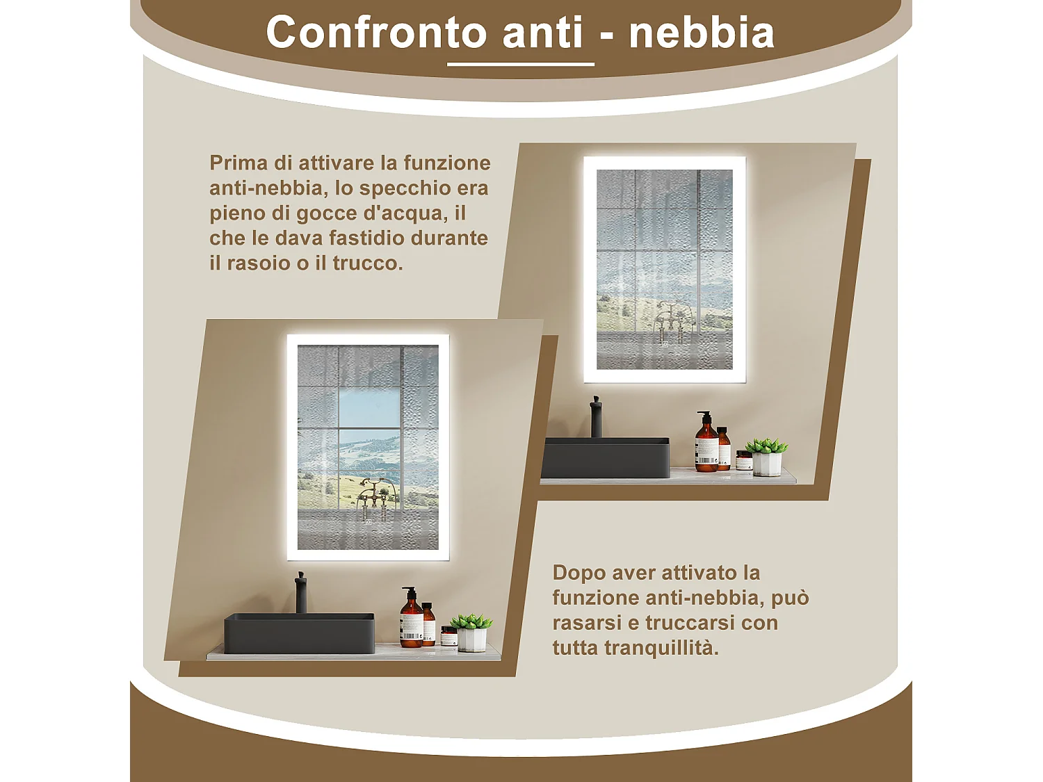 Aica LED Specchio da bagno 50×70 cm, luminosità regolabile a 3 colori, antiappannamento, memoria di interruzione di corrente