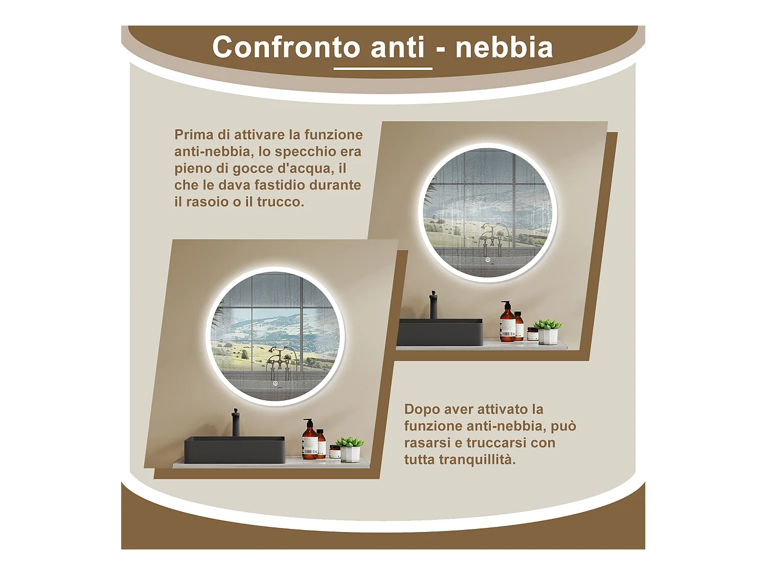 AICA Specchio Da Bagno Rotondo Da 70cm con LED, Antiappannamento, 3 Temperature Colore