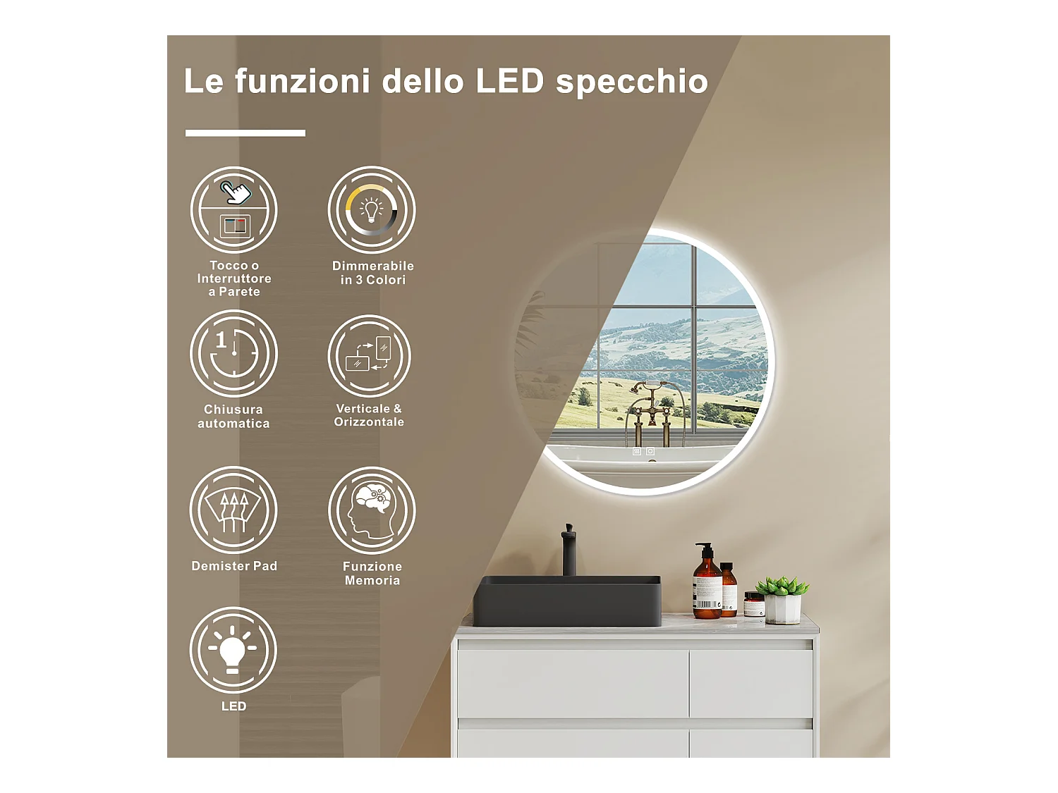 AICA Specchio Da Bagno Rotondo Da 80cm con LED, Antiappannamento, 3 Temperature Colore