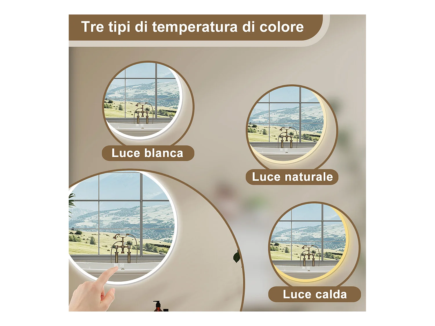 AICA Specchio Da Bagno Rotondo Da 80cm con LED, Antiappannamento, 3 Temperature Colore