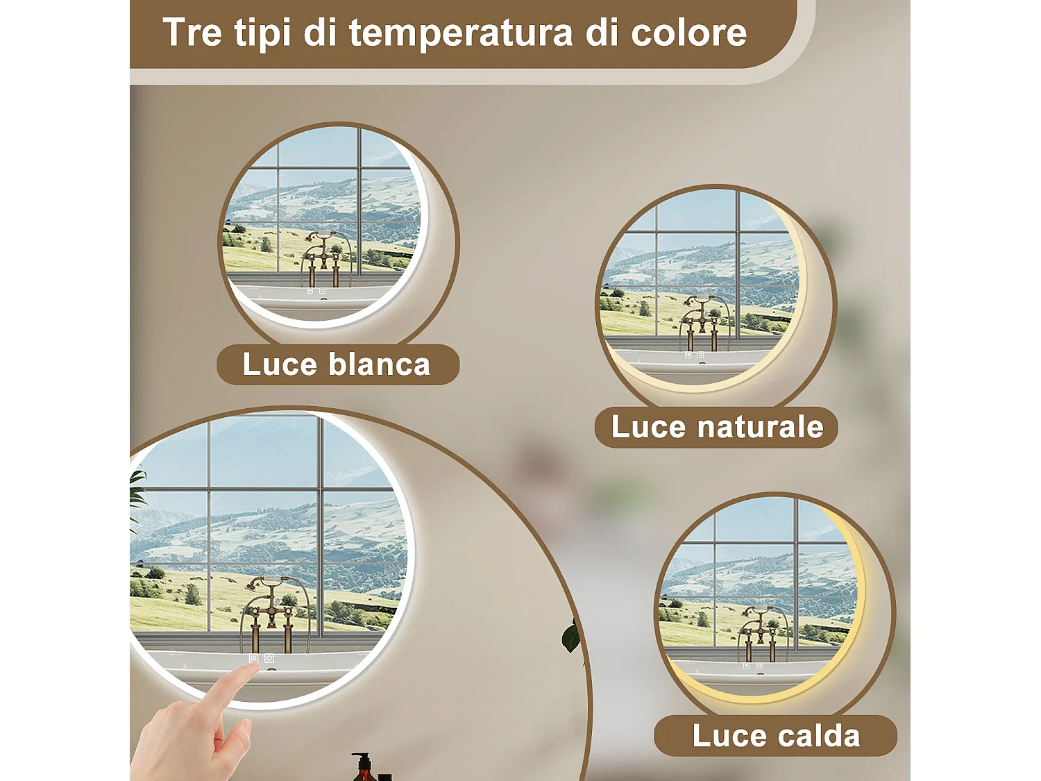 AICA Specchio Da Bagno Rotondo Da 80cm con LED, Antiappannamento, 3 Temperature Colore