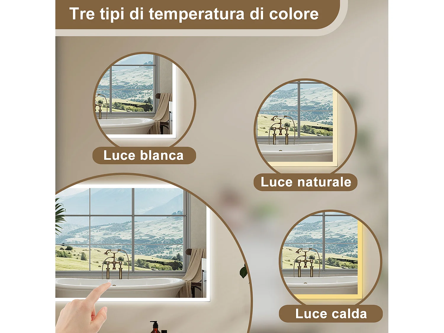 Aica LED Specchio da bagno 90×70 cm, luminosità regolabile a 3 colori, antiappannamento, memoria di interruzione di corrente