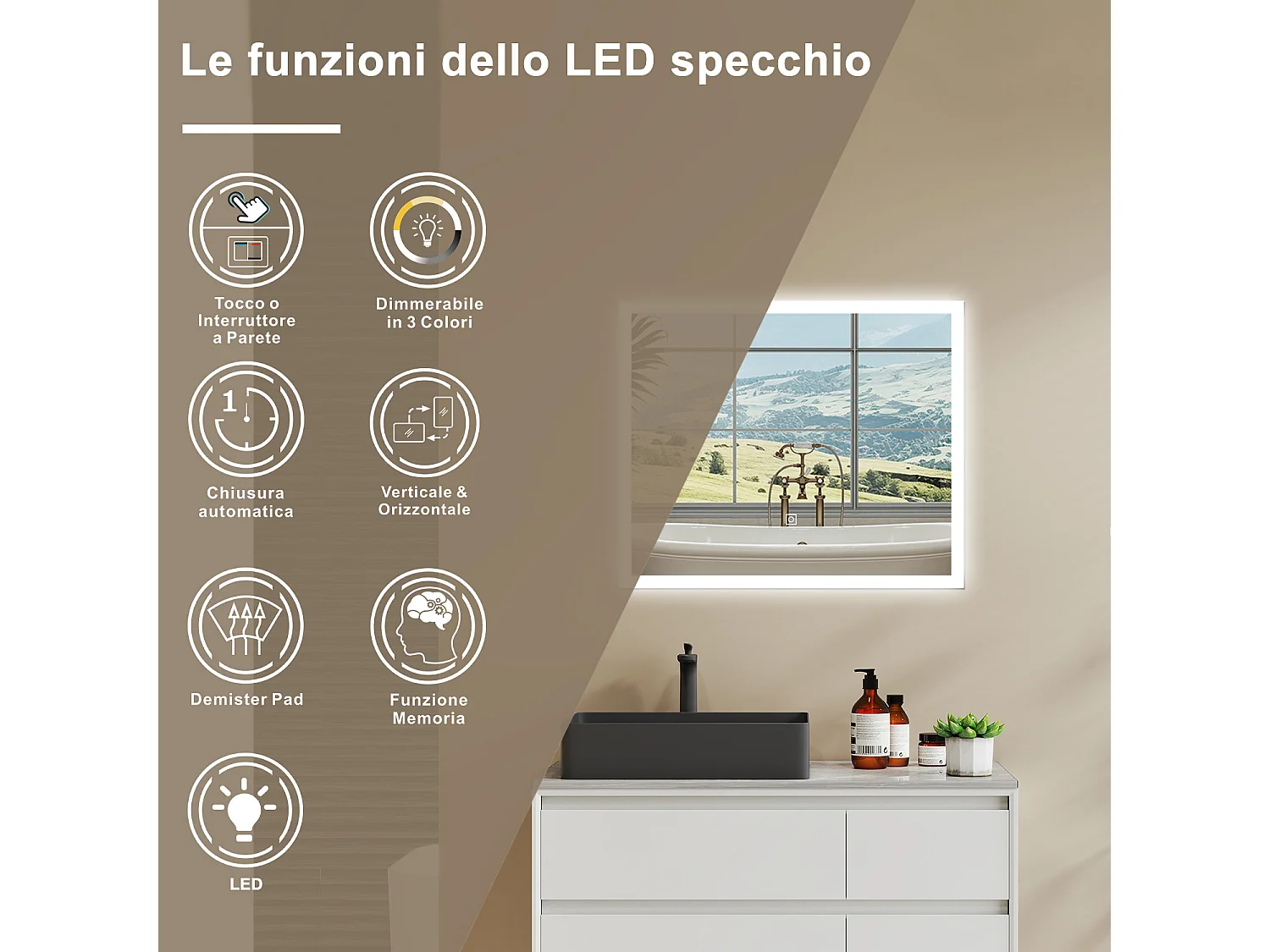 Aica LED Specchio da bagno 90×70 cm, luminosità regolabile a 3 colori, antiappannamento, memoria di interruzione di corrente
