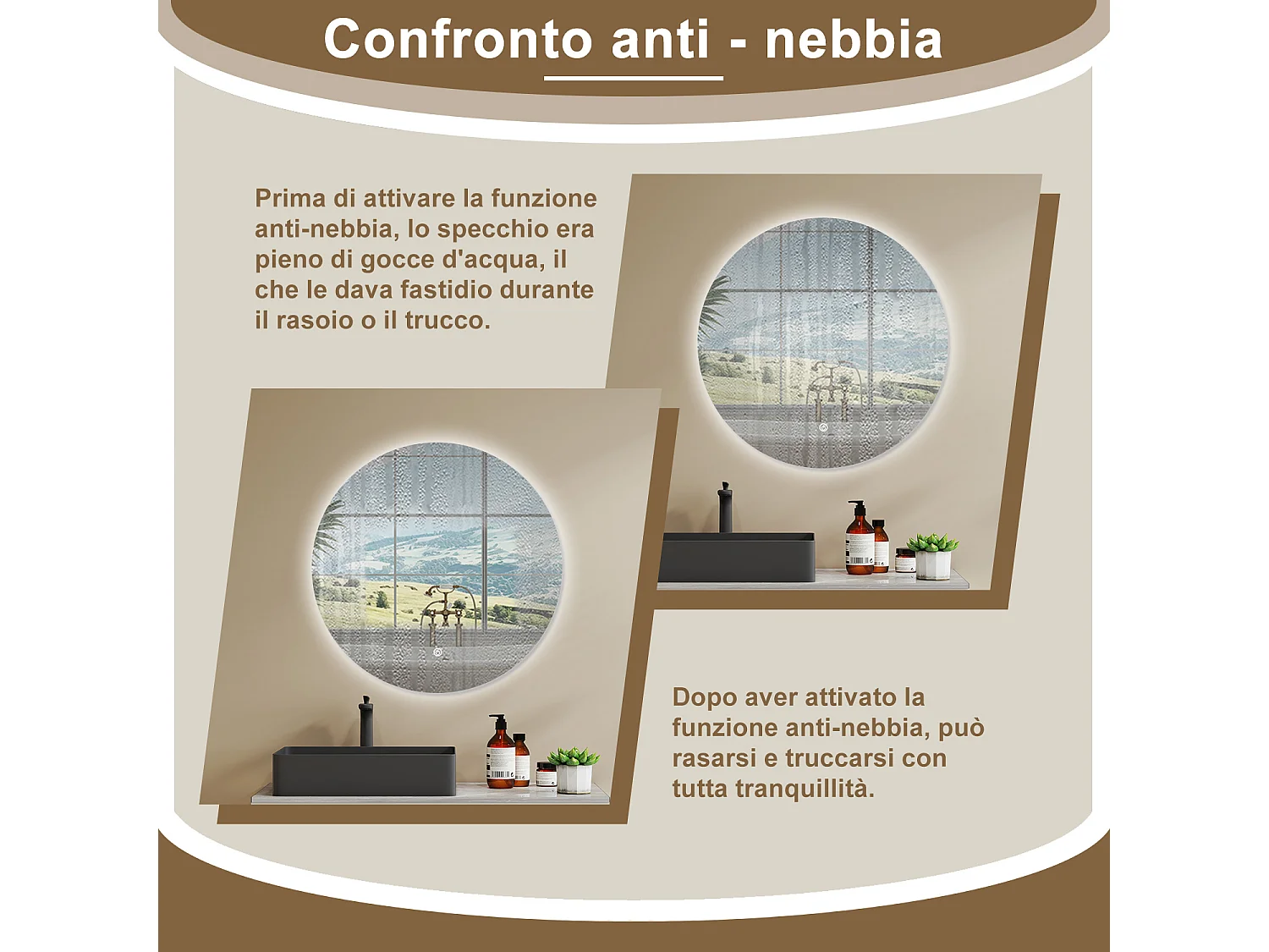 AICA SPECCHIO DA BAGNO ROTONDO CON LED 90 x 90 cm, antiappannamento, interruttore a sfioramento(Retroilluminato)