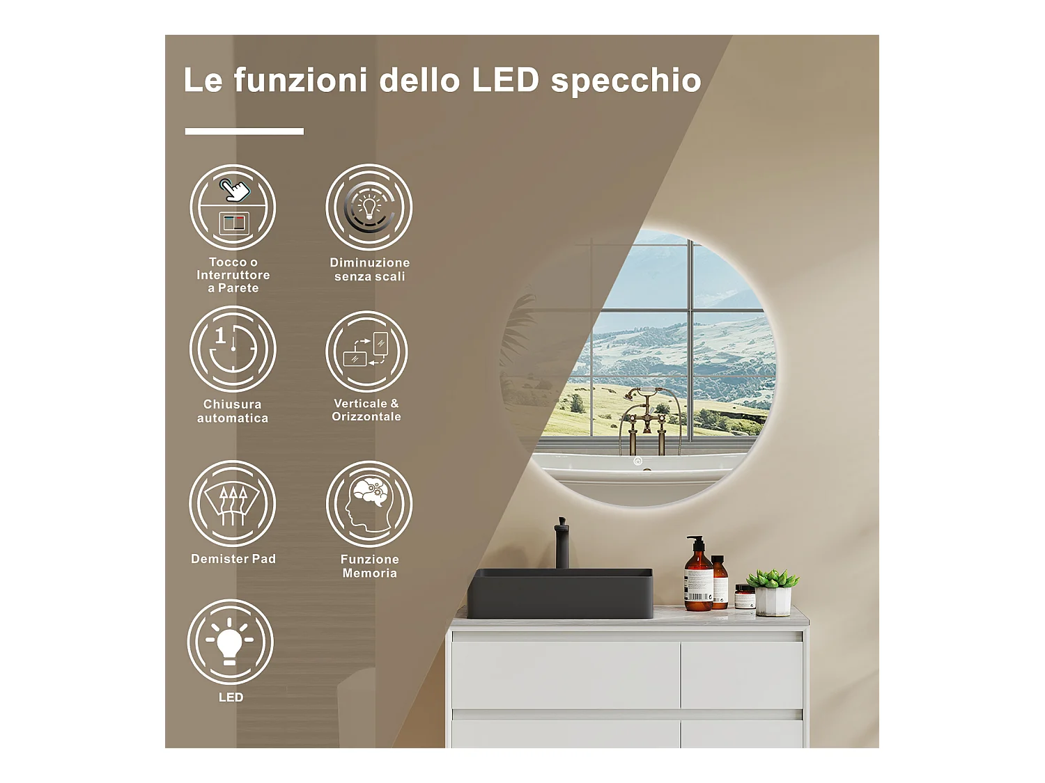 AICA SPECCHIO DA BAGNO ROTONDO CON LED 60 x 60 cm, antiappannamento, interruttore a sfioramento(Retroilluminato)