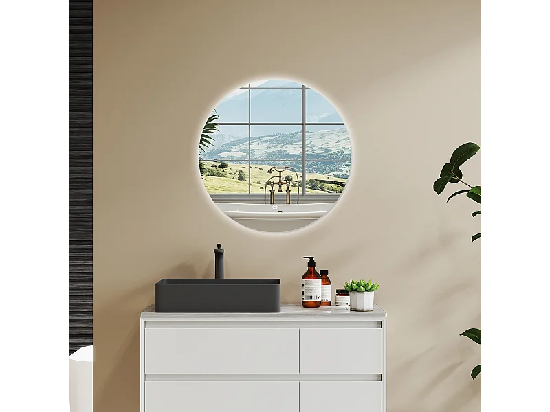 AICA SPECCHIO DA BAGNO ROTONDO CON LED 60 x 60 cm, antiappannamento, interruttore a sfioramento(Retroilluminato)