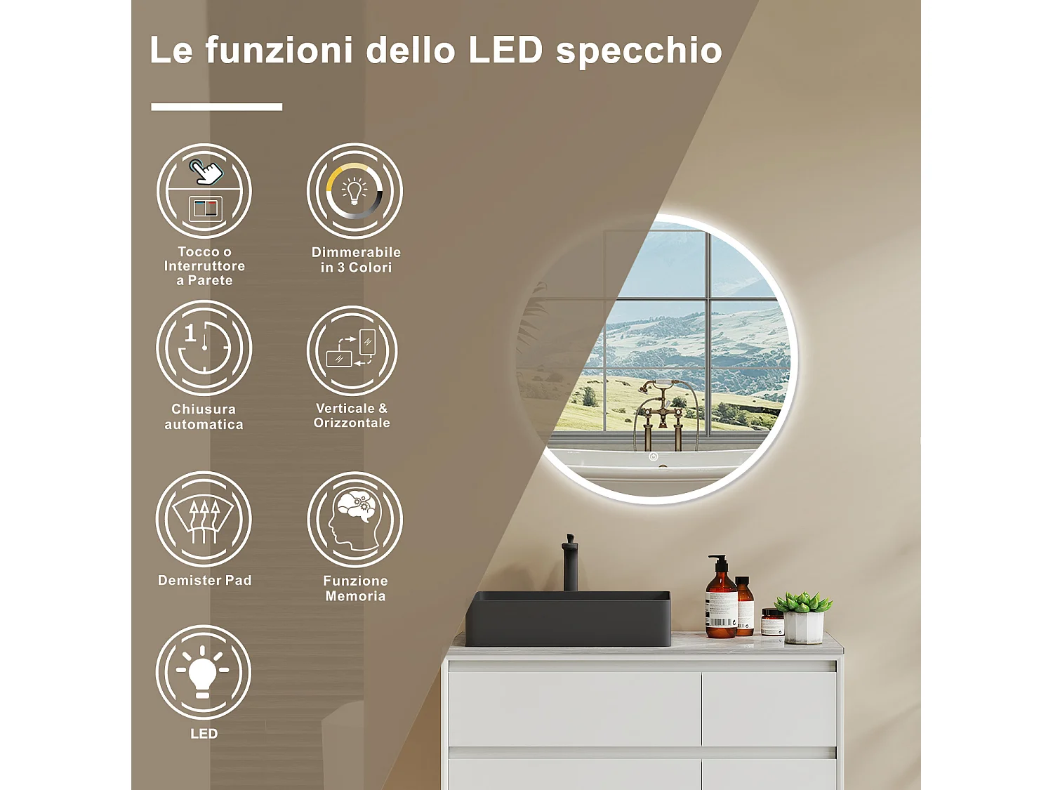 AICA Specchio Da Bagno Rotondo Da 120cm con LED, Antiappannamento, 3 Temperature Colore
