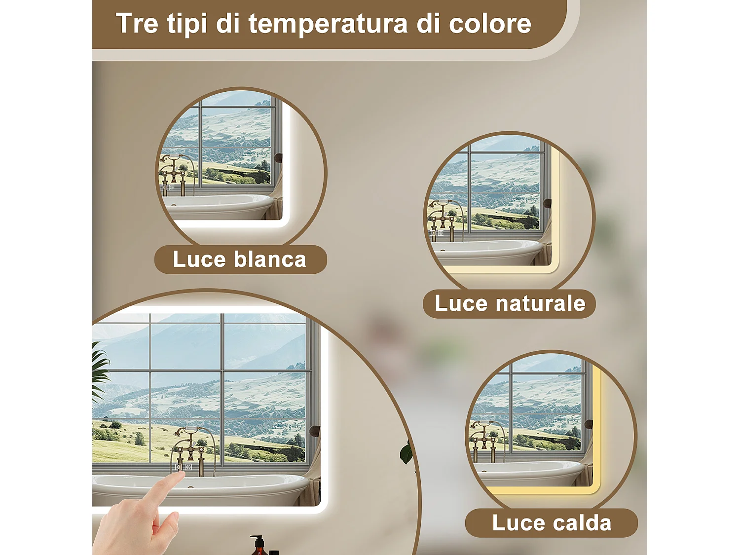 Aica Specchio da bagno a LED con Bluetooth 120 x 70 cm, 3 colori di luce regolabili, tasti a sfioramento