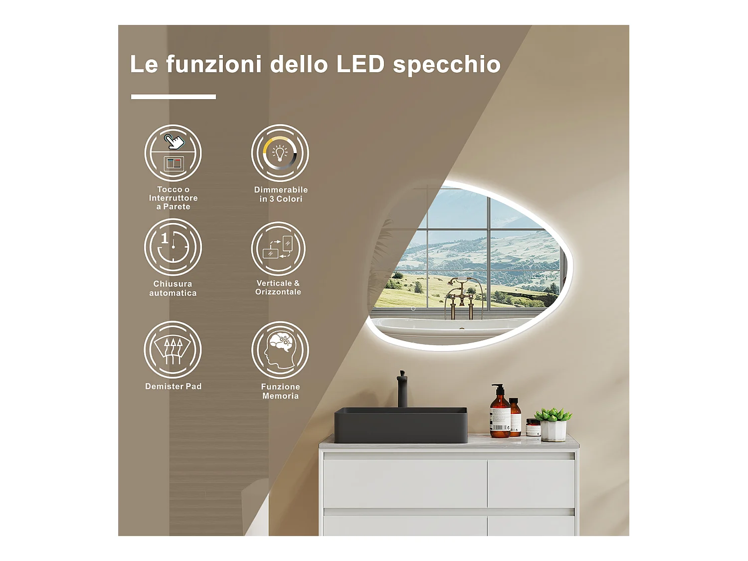120 x 80 cm Specchio con illuminazione integrata bagno ciottolo. Touch. 3 Temperature Colore. Pellicola Antideflagrante