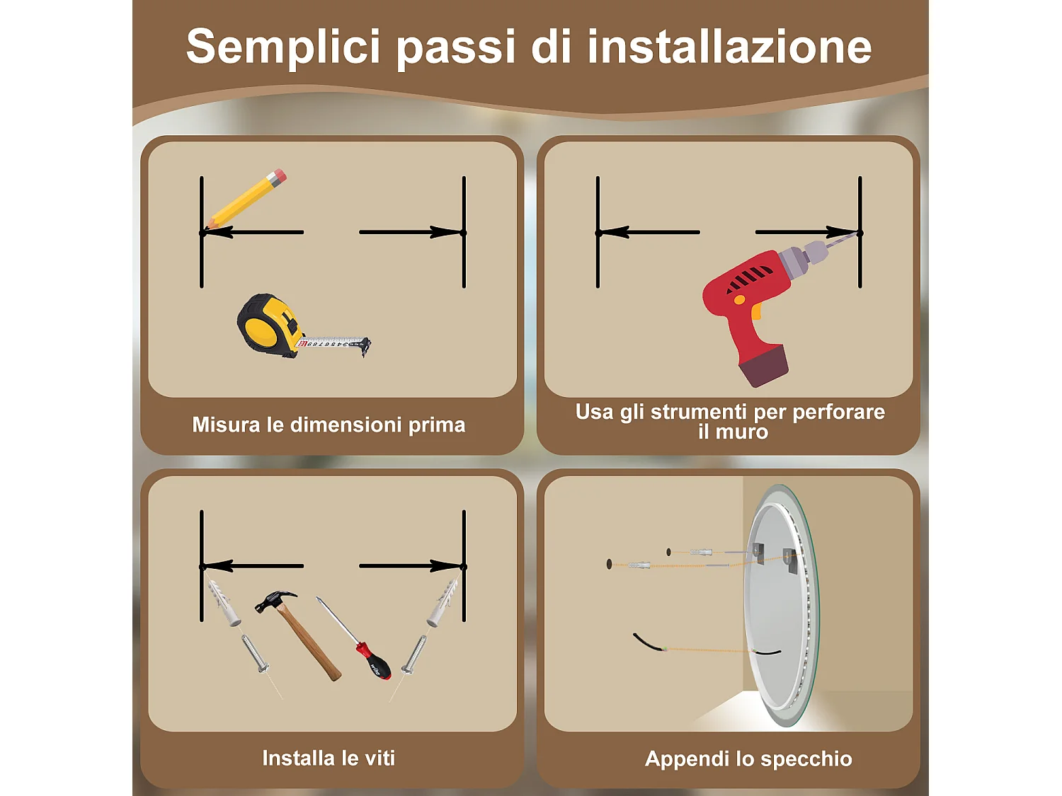 AICA SPECCHIO DA BAGNO ROTONDO CON LED 120 x 120 cm, antiappannamento, interruttore a sfioramento