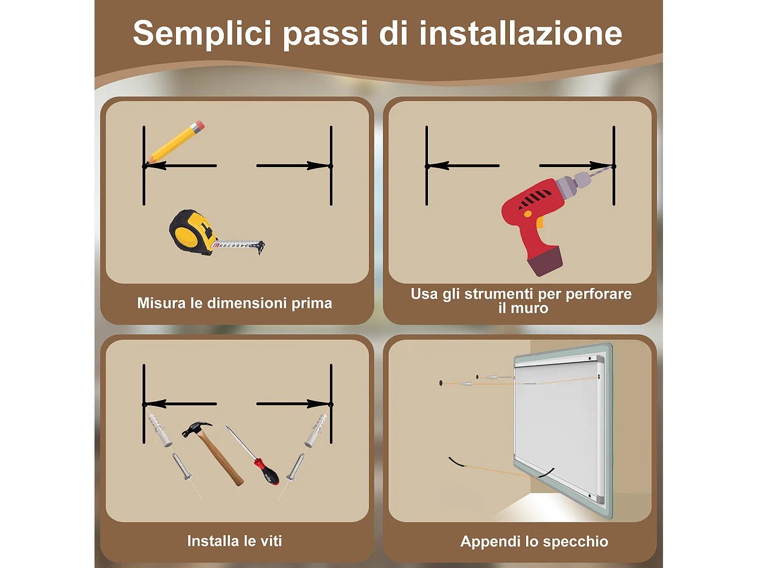 AICA 100 x 70cm Specchio da bagno con LED, Rettangolare, Touch, Memoria, Dimmerabile, Retroilluminato