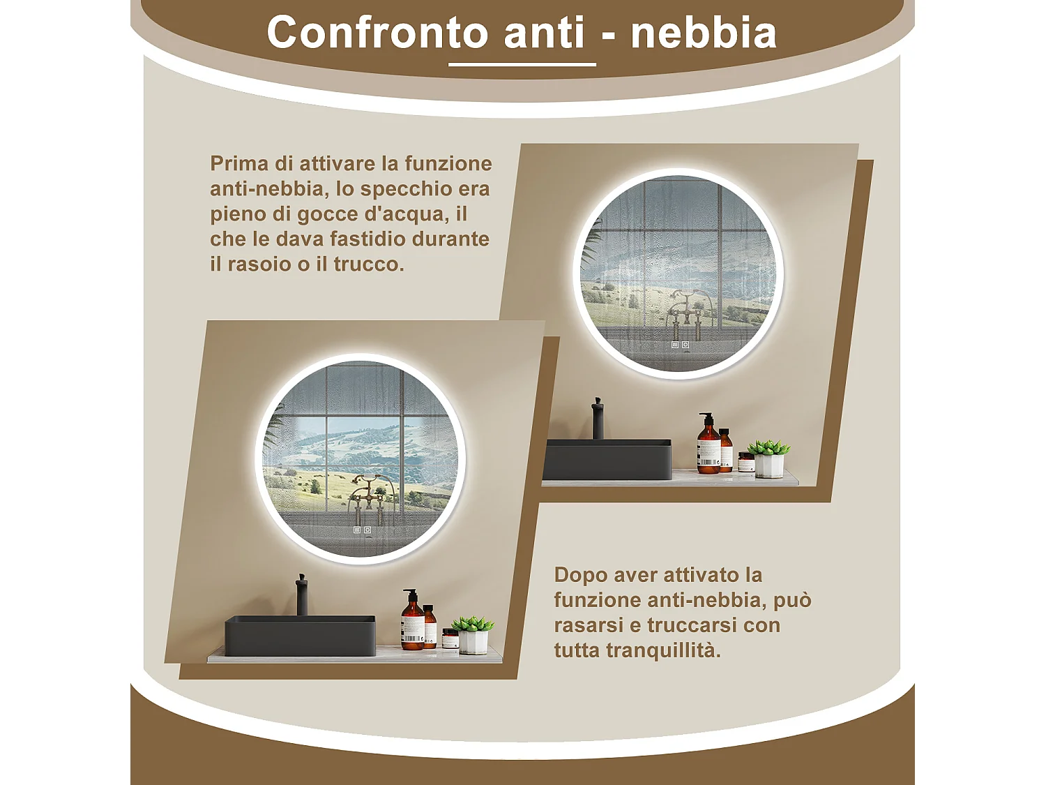 AICA Specchio Da Bagno Rotondo Da 70cm con LED, Antiappannamento, 3 Temperature Colore