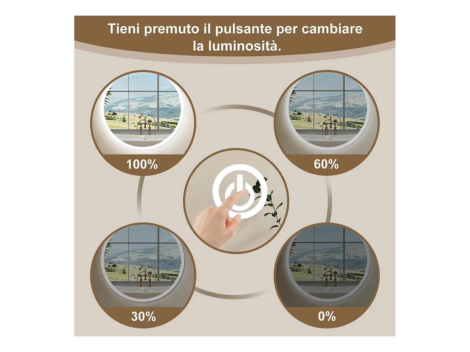 AICA SPECCHIO DA BAGNO ROTONDO CON LED 100 x 100 cm, antiappannamento, interruttore a sfioramento