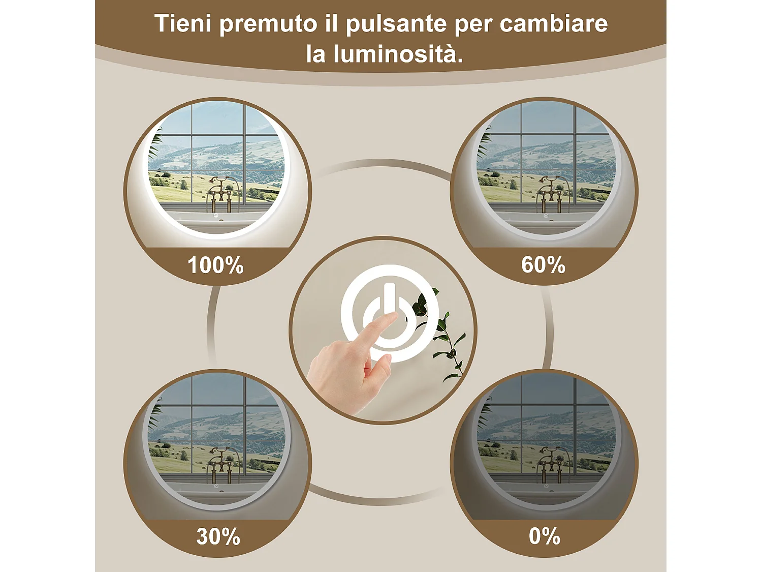 AICA SPECCHIO DA BAGNO ROTONDO CON LED 100 x 100 cm, antiappannamento, interruttore a sfioramento