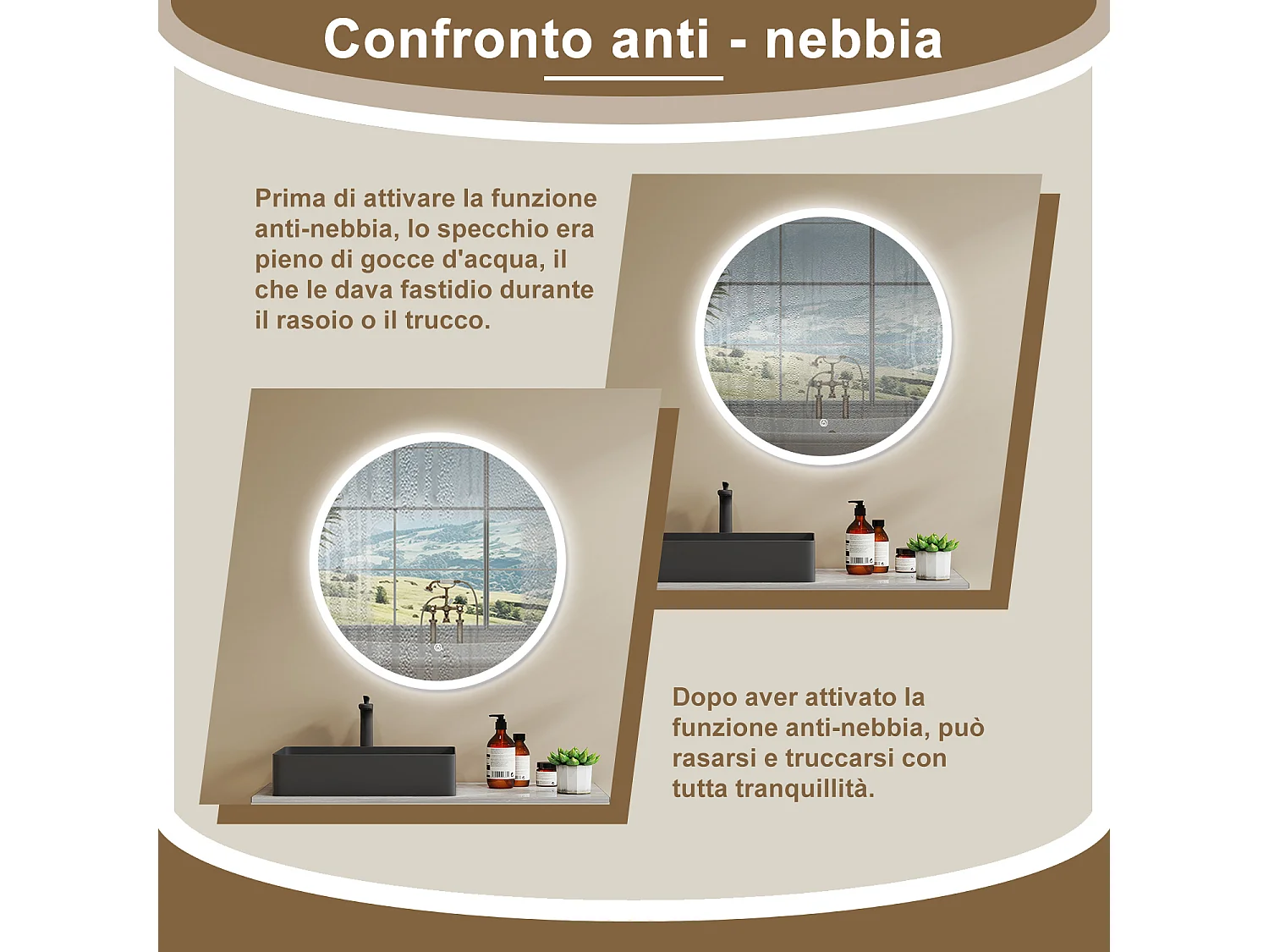 AICA SPECCHIO DA BAGNO ROTONDO CON LED 100 x 100 cm, antiappannamento, interruttore a sfioramento