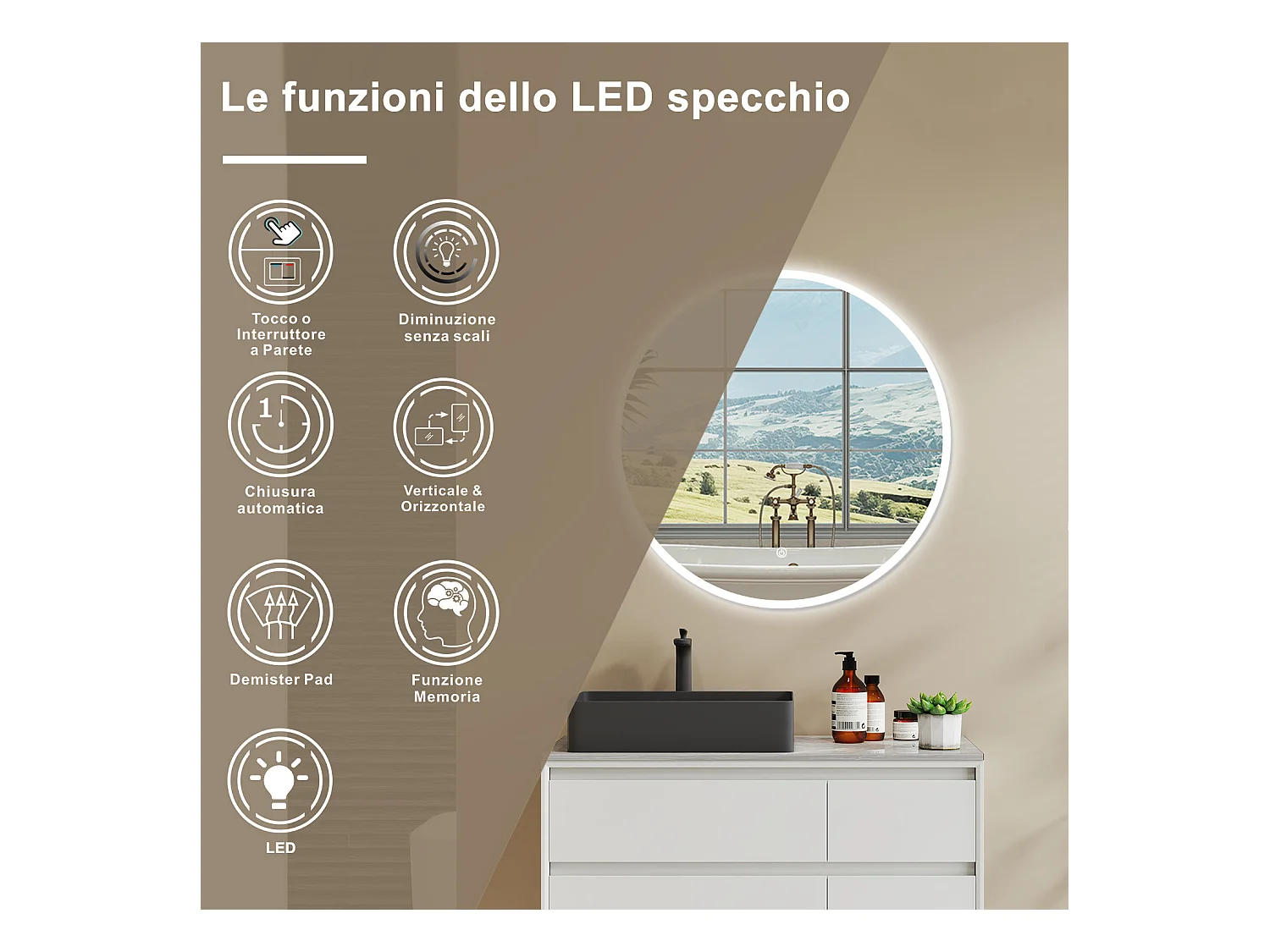 AICA SPECCHIO DA BAGNO ROTONDO CON LED 90 x 90 cm, antiappannamento, interruttore a sfioramento