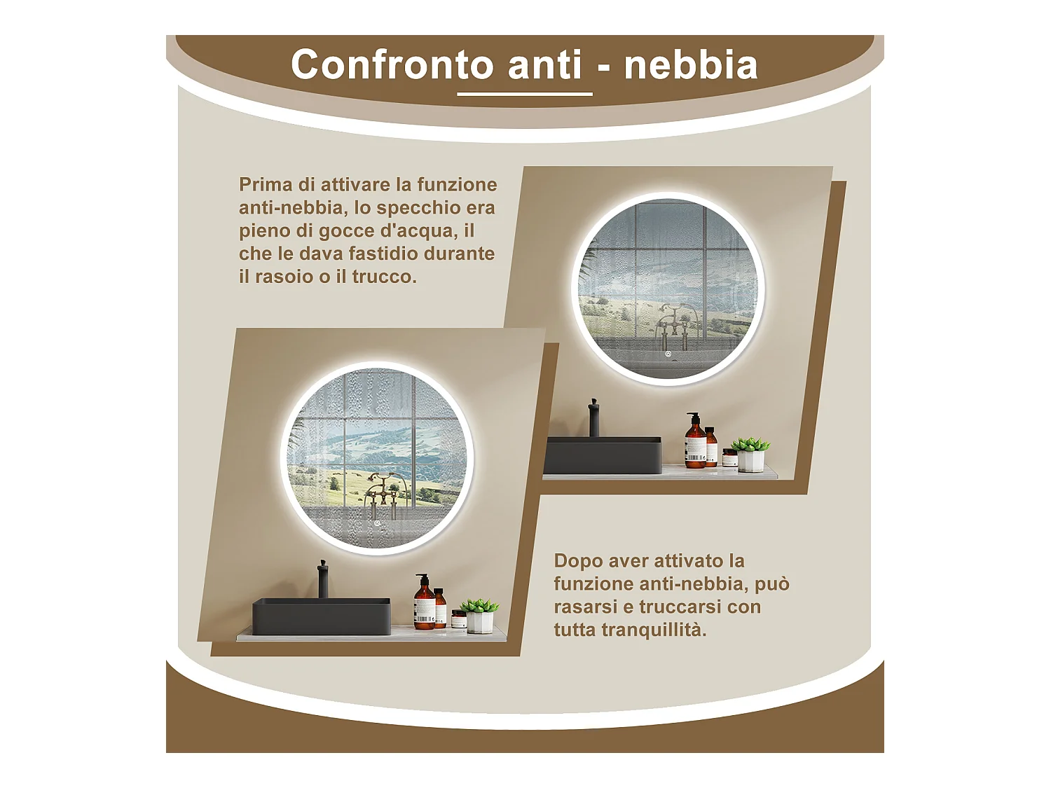 AICA SPECCHIO DA BAGNO ROTONDO CON LED 90 x 90 cm, antiappannamento, interruttore a sfioramento