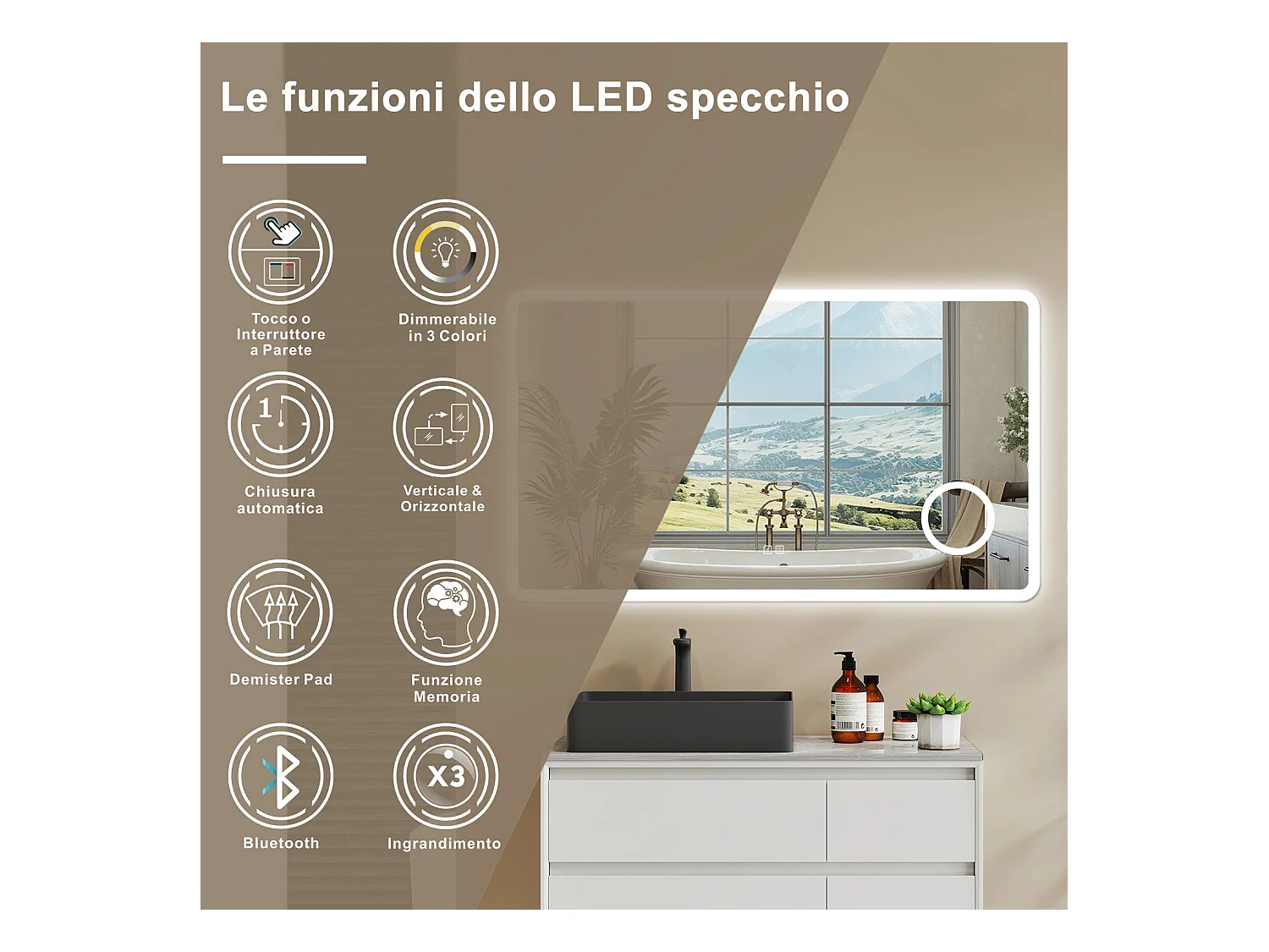 Aica 100x60cm Specchio da bagno Bluetooth antiappannamento, 3 colori dimmerabili, lente d'ingrandimento 3X