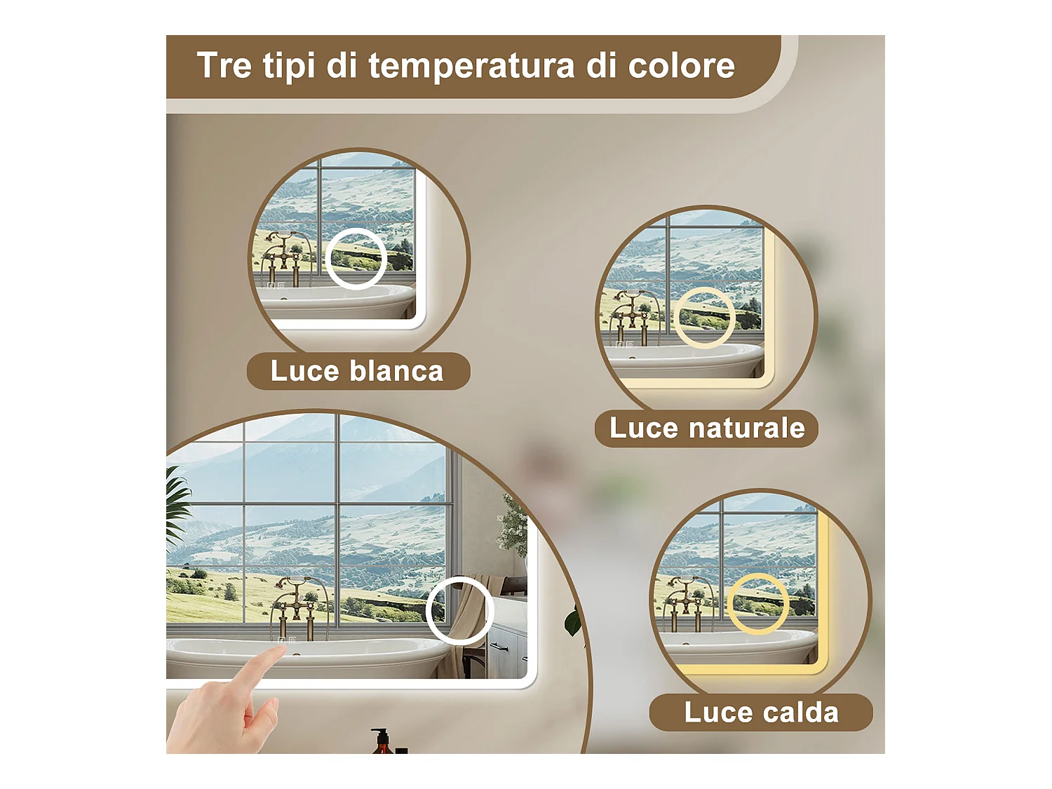 Aica 100x60cm Specchio da bagno Bluetooth antiappannamento, 3 colori dimmerabili, lente d'ingrandimento 3X