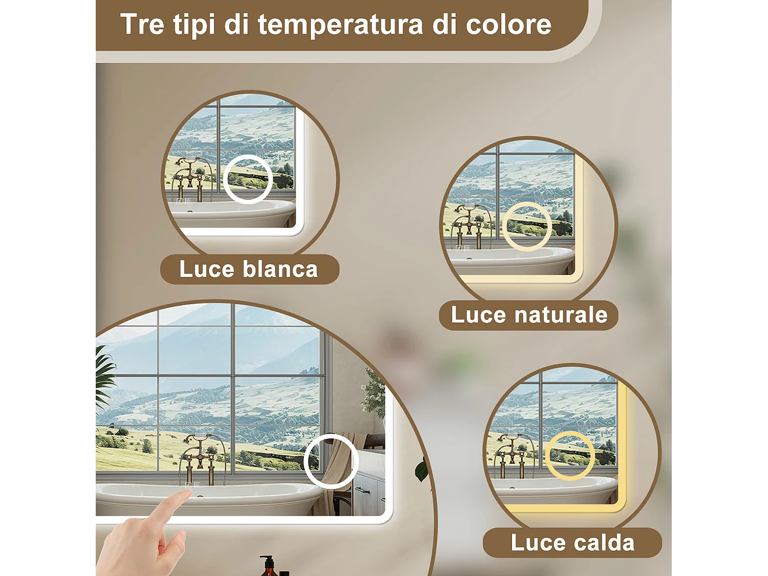 Aica 100x60cm Specchio da bagno Bluetooth antiappannamento, 3 colori dimmerabili, lente d'ingrandimento 3X