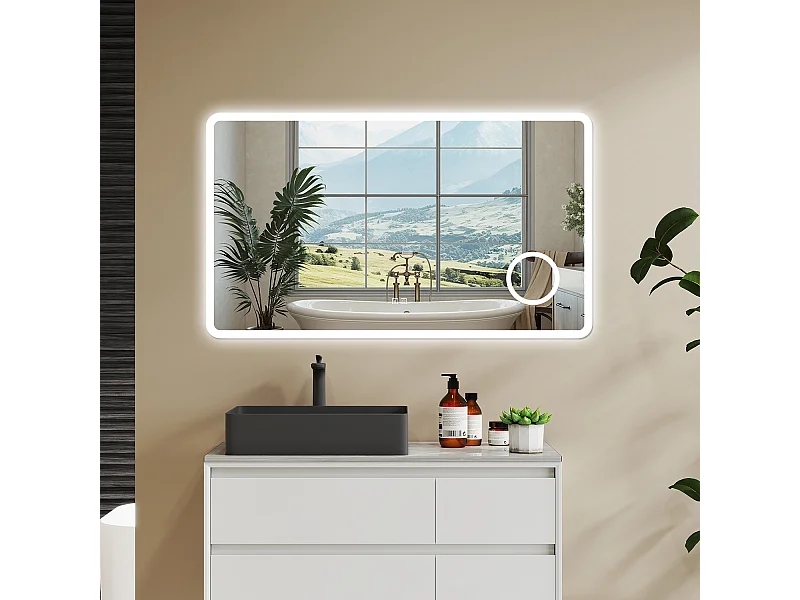 Aica 100x60cm Specchio da bagno Bluetooth antiappannamento, 3 colori dimmerabili, lente d'ingrandimento 3X