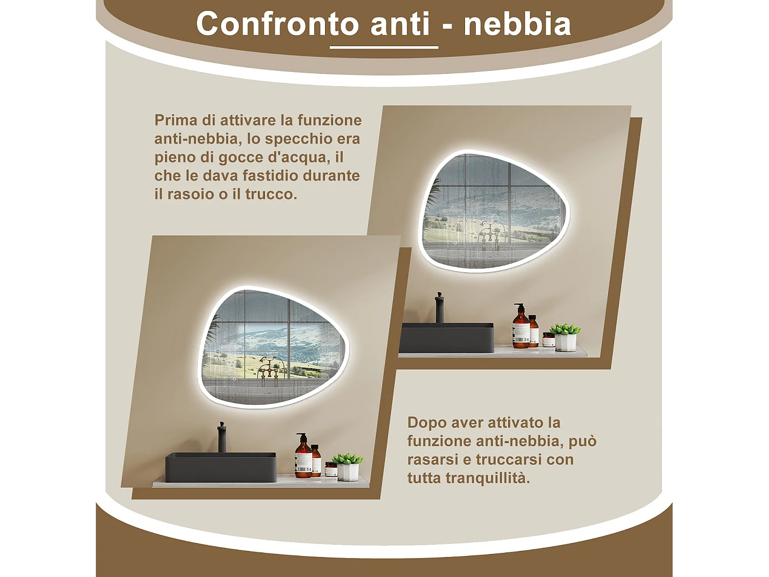 80 x 65 cm Specchio con illuminazione integrata bagno ciottolo. Touch. 3 Temperature Colore. Pellicola Antideflagrante