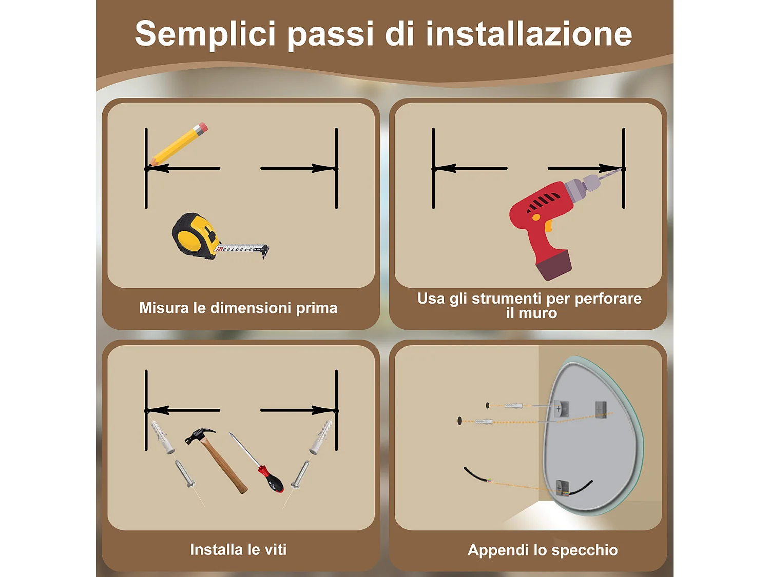 80 x 65 cm Specchio con illuminazione integrata bagno ciottolo. Touch. 3 Temperature Colore. Pellicola Antideflagrante