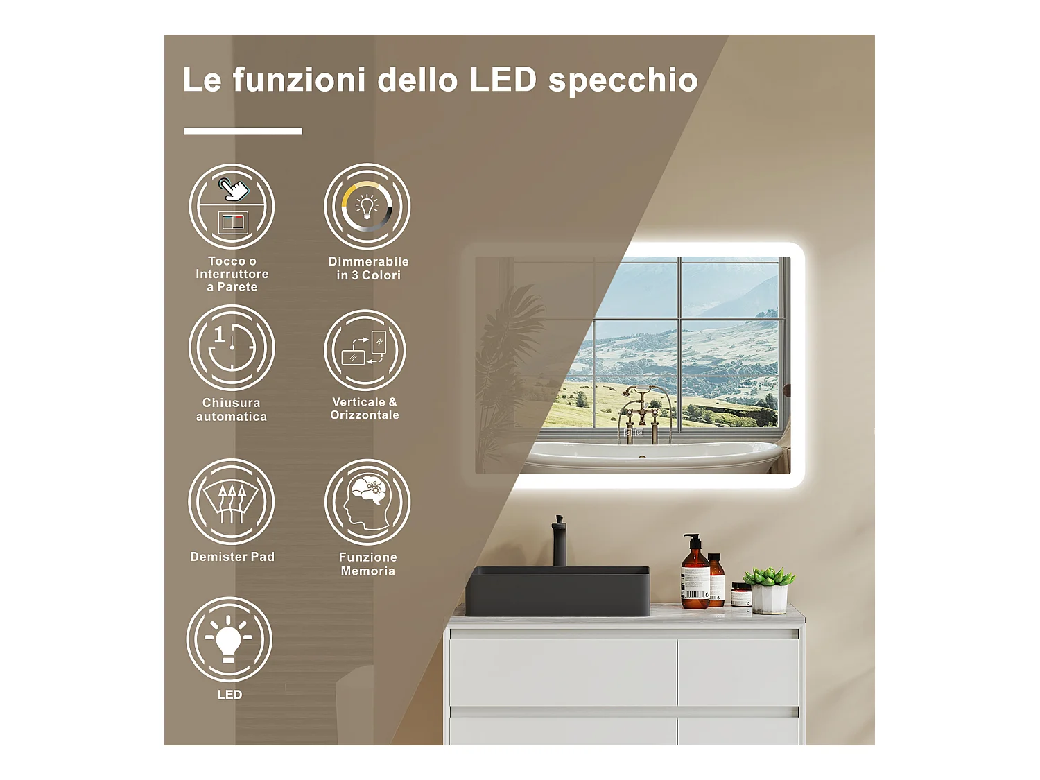 Aica Specchio da bagno a LED con Bluetooth 70 x 50 cm, 3 colori di luce regolabili, tasti a sfioramento