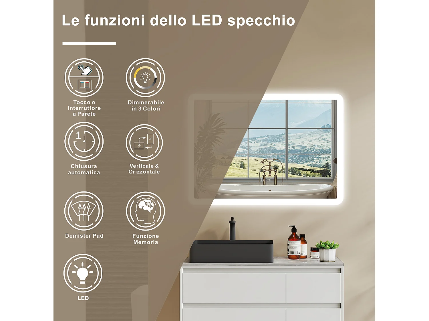 Aica Specchio da bagno a LED con Bluetooth 70 x 50 cm, 3 colori di luce regolabili, tasti a sfioramento