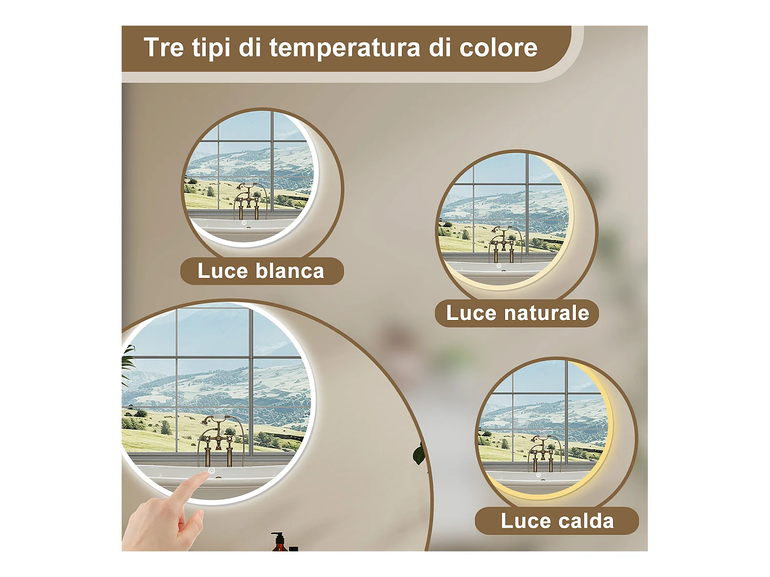 AICA Specchio Da Bagno Rotondo Da 80cm con LED, Antiappannamento, 3 Temperature Colore