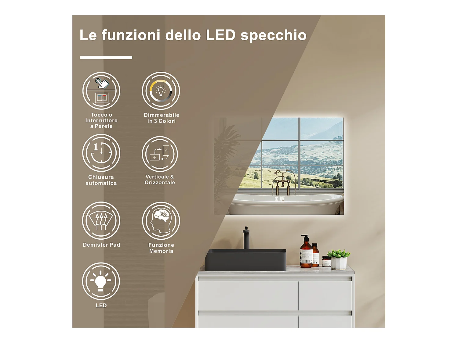 AICA SPECCHIO DA BAGNO CON LED, 80x60cm, Antiappannamento, 3 Temperature Colore, Retroilluminato
