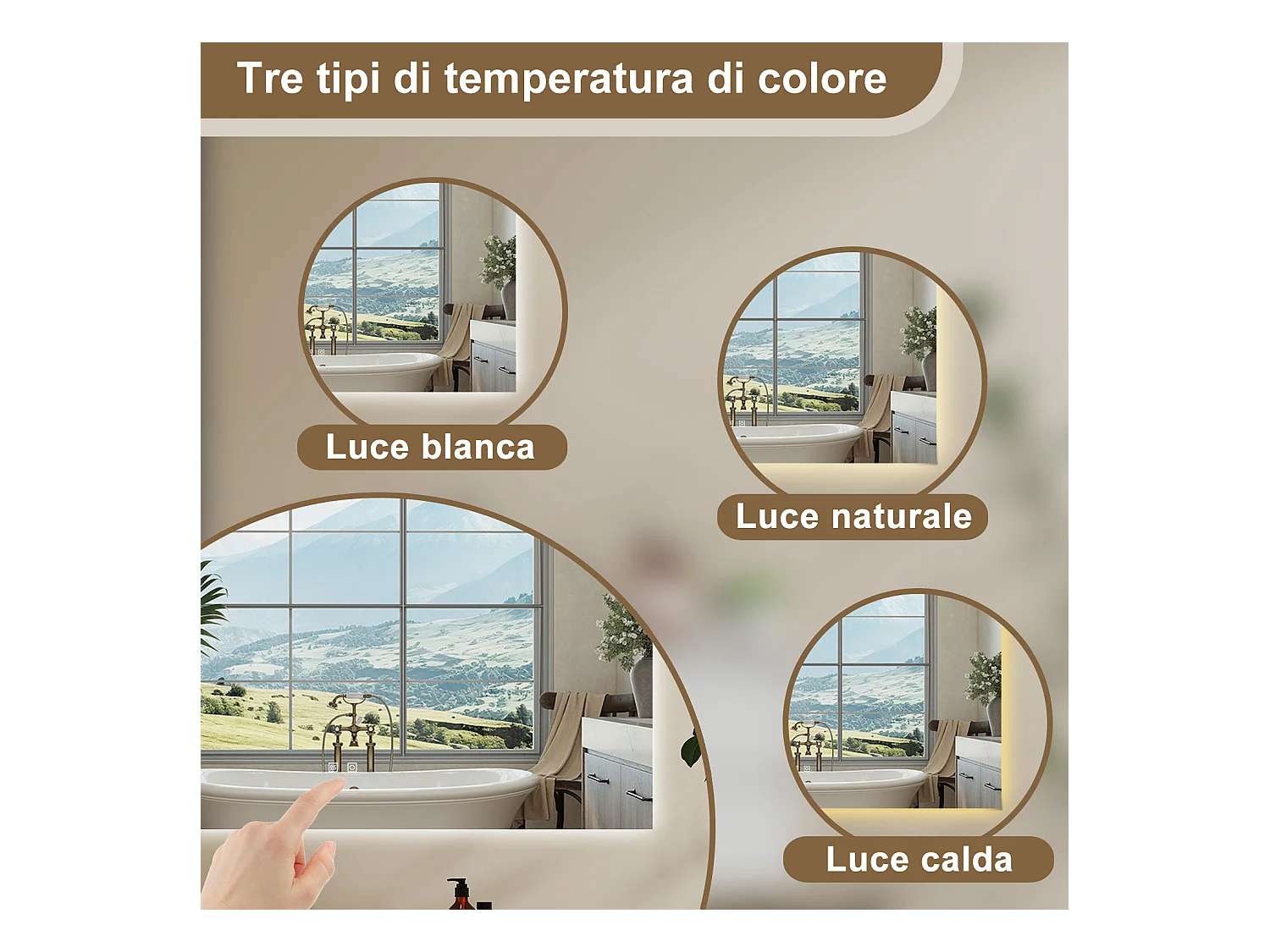 AICA SPECCHIO DA BAGNO CON LED, 80x60cm, Antiappannamento, 3 Temperature Colore, Retroilluminato