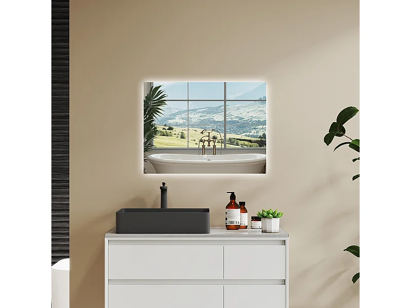 AICA SPECCHIO DA BAGNO CON LED, 90x70cm, Disappannamento, Funzione Memoria, Infinitamente Dimmerabile