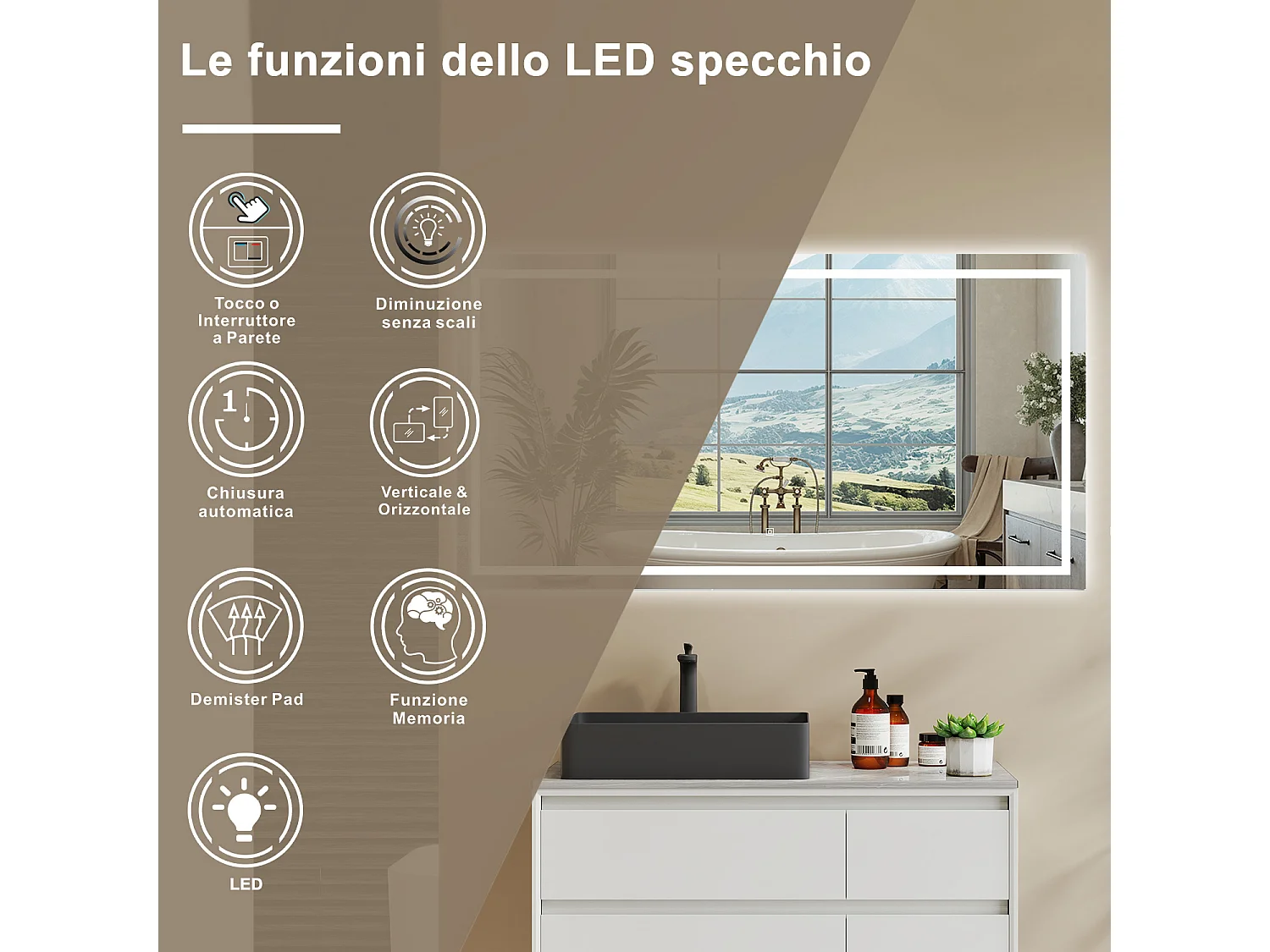 120×80 cm Specchio da Bagno Rettangolare a LED Specchio da Toeletta Specchio da Parete, Luce Bianca 6000K, Anti-fog, Touch