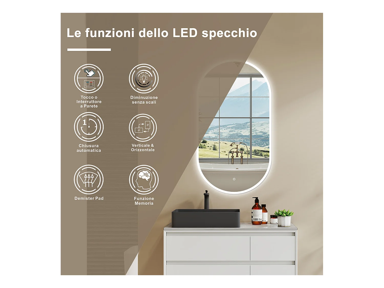 50 x 90 cm Specchio con illuminazione integrata bagno ciottolo. Touch. Pellicola Antideflagrante