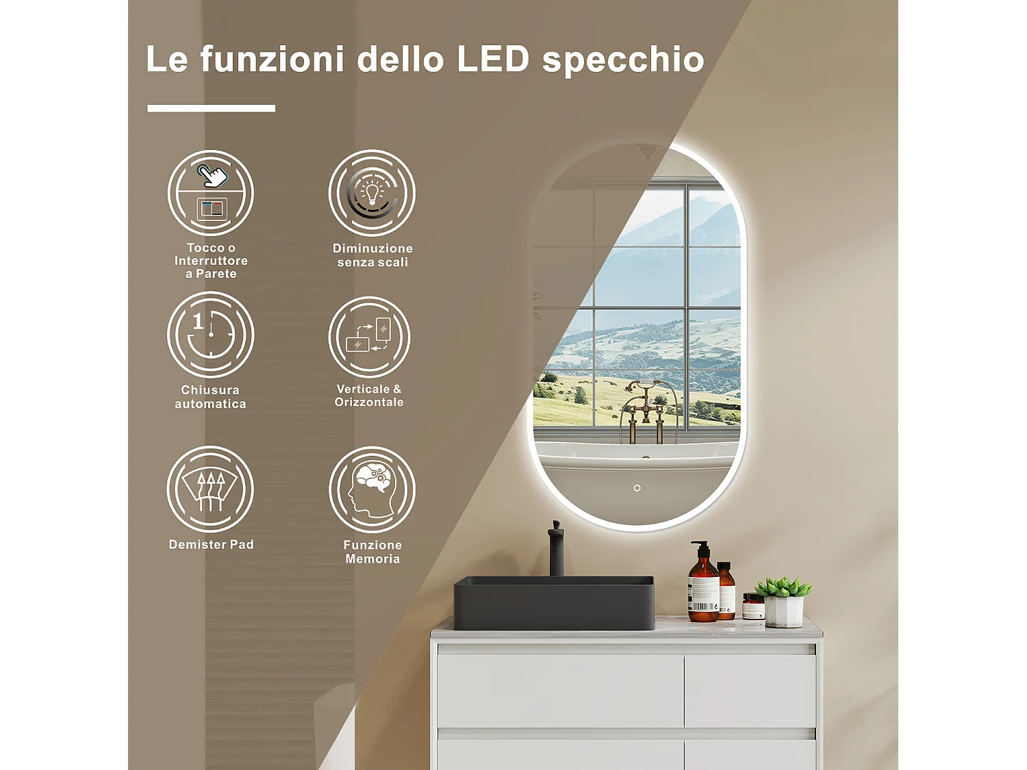 Specchio Da Bagno LED Con Bluetooth E Antiappannamento – Touch Dimmerabile, Luce Regolabile 3000K-6000K, Impermeabile – Installazione Facile