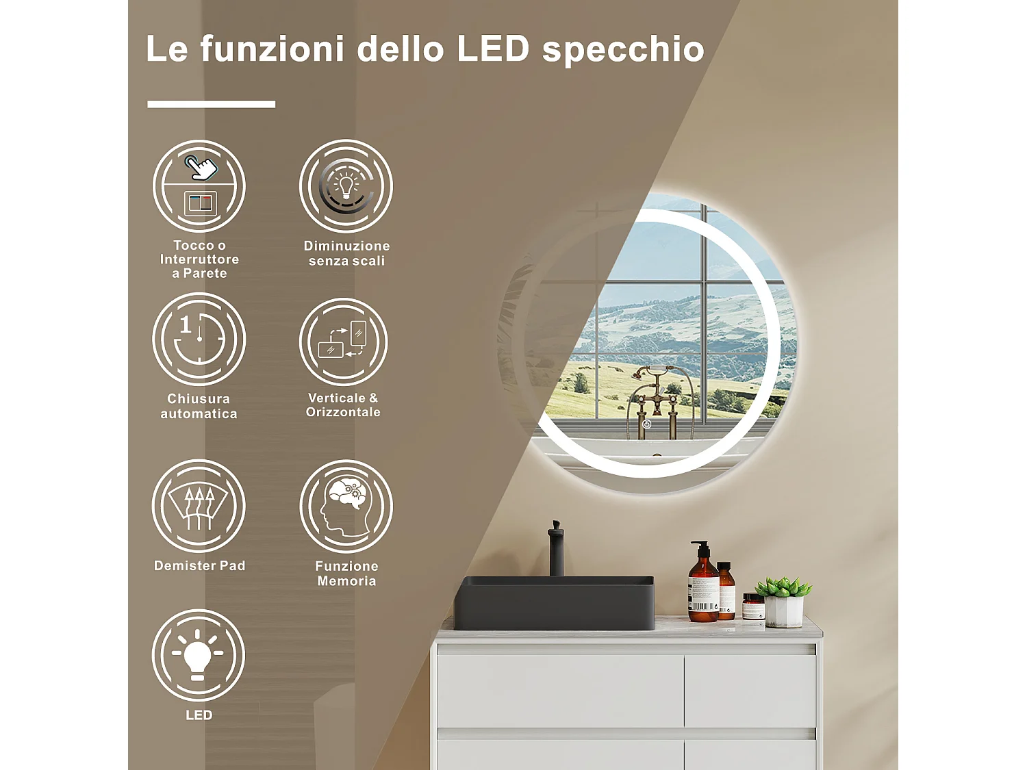 AICA SPECCHIO DA BAGNO ROTONDO CON LED 60 x 60 cm, antiappannamento, interruttore a sfioramento