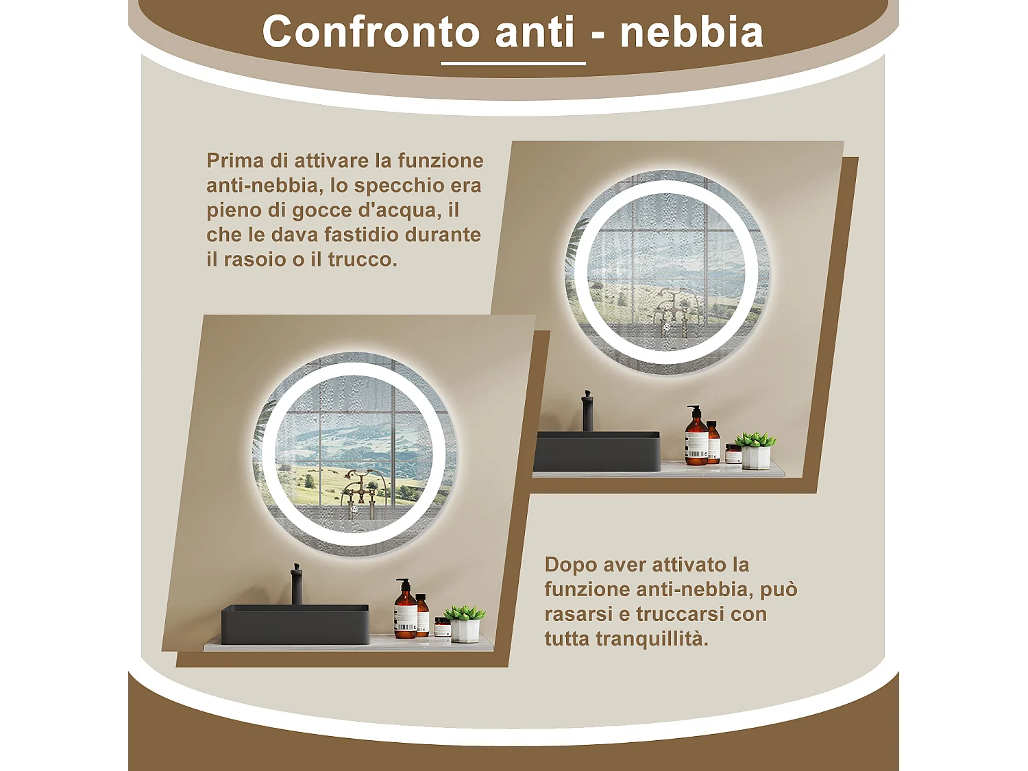 AICA SPECCHIO DA BAGNO ROTONDO CON LED 60 x 60 cm, antiappannamento, interruttore a sfioramento