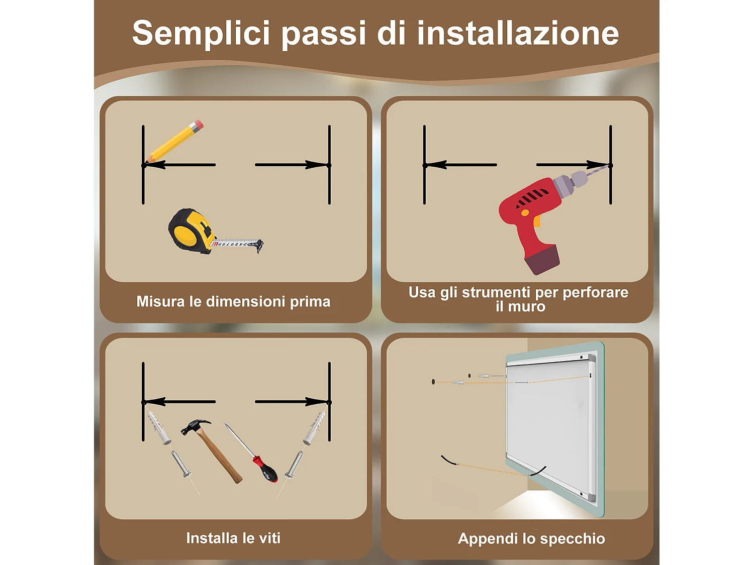 Aica Specchio da bagno a LED con Bluetooth 100 x 60 cm, 3 colori di luce regolabili, tasti a sfioramento