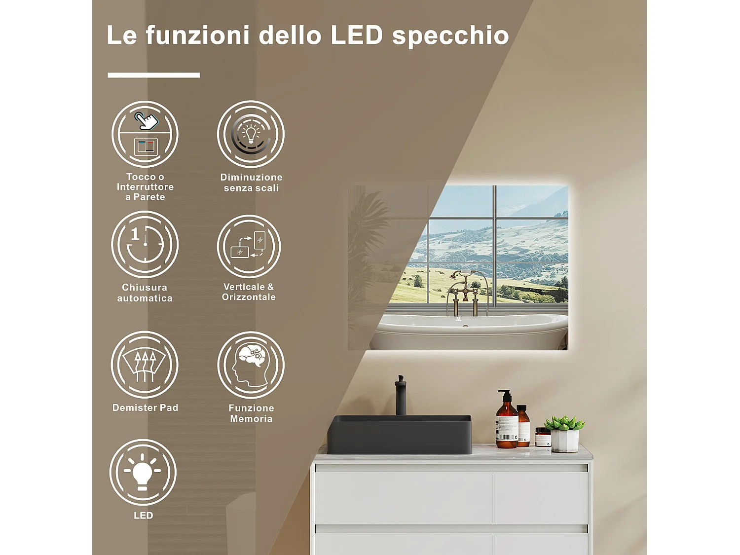 AICA SPECCHIO DA BAGNO CON LED, 80x60cm, Disappannamento, Funzione Memoria, Infinitamente Dimmerabile